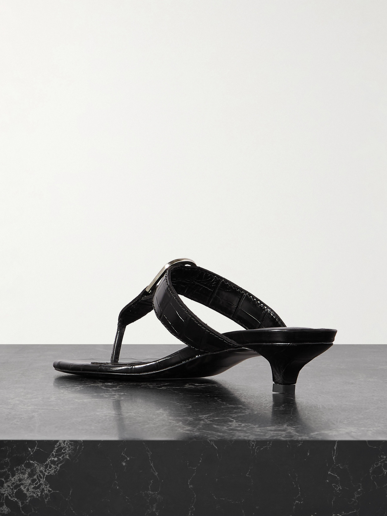 Shop Totême + Net Sustain The Belted Croco Flip-flop Croc-effect Leather Mules In Black