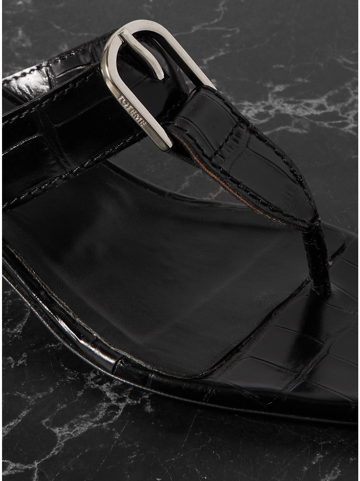 Shop Totême + Net Sustain The Belted Croco Flip-flop Croc-effect Leather Mules In Black