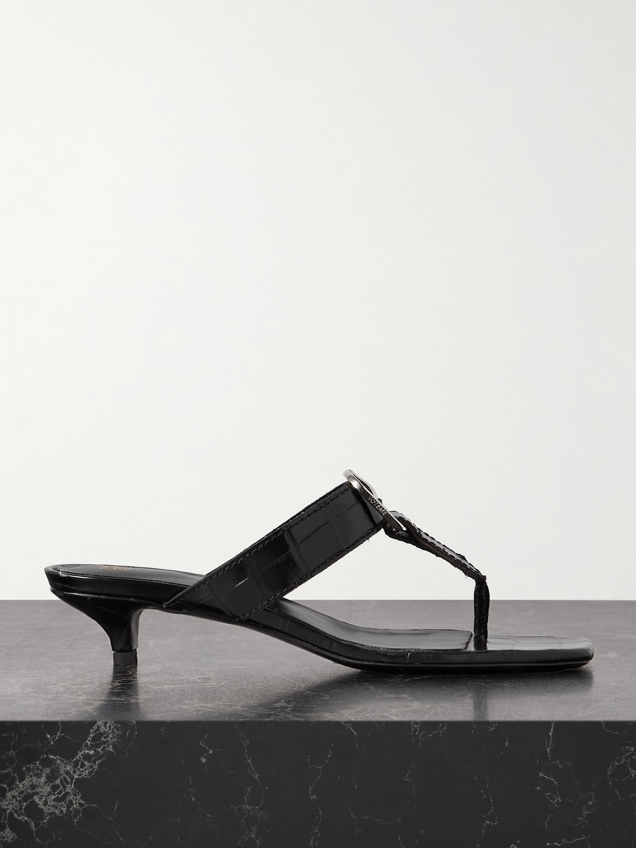 Shop Totême + Net Sustain The Belted Croco Flip-flop Croc-effect Leather Mules In Black