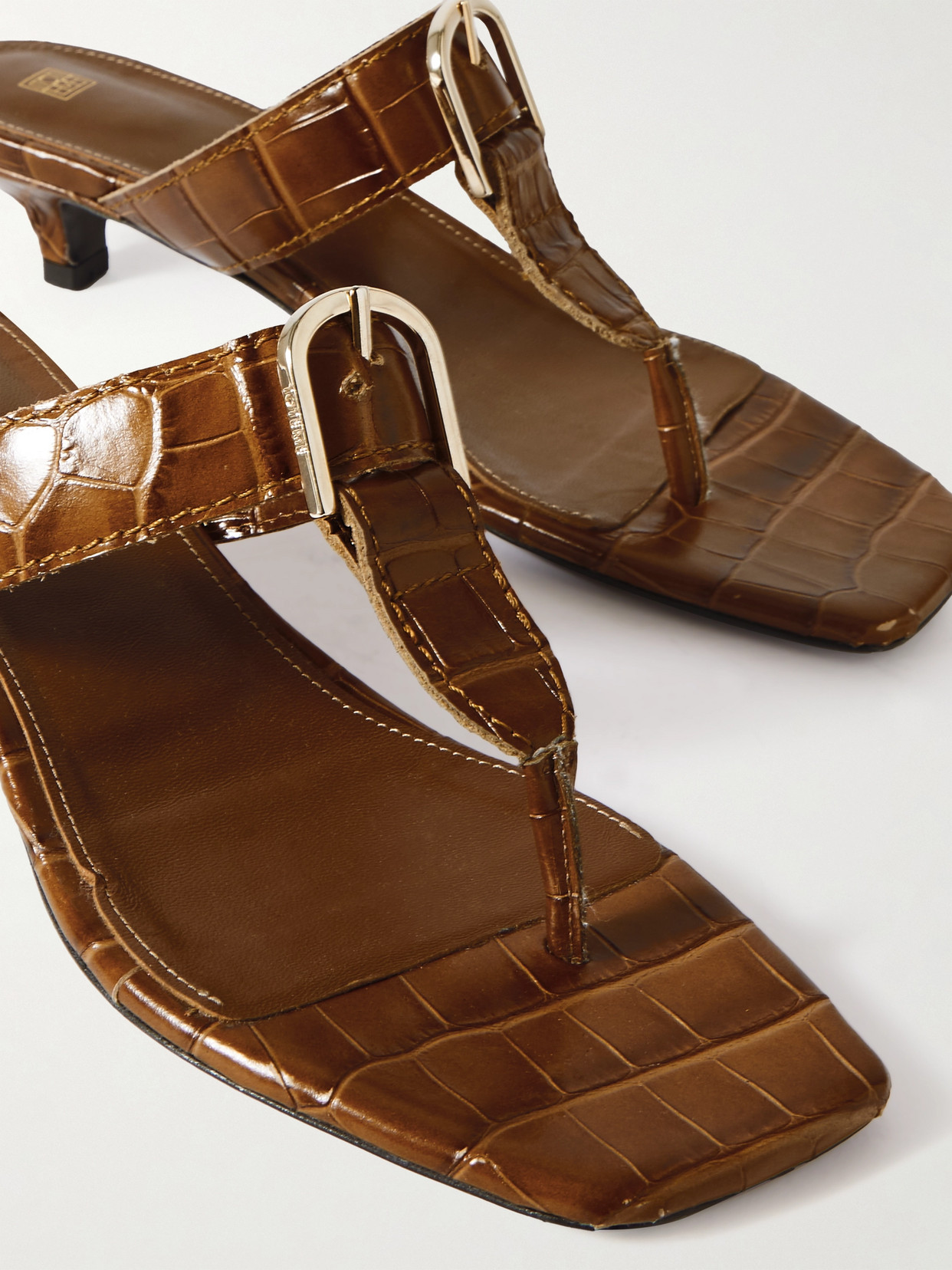 Shop Totême + Net Sustain The Belted Croco Flip-flop Croc-effect Leather Mules In Brown