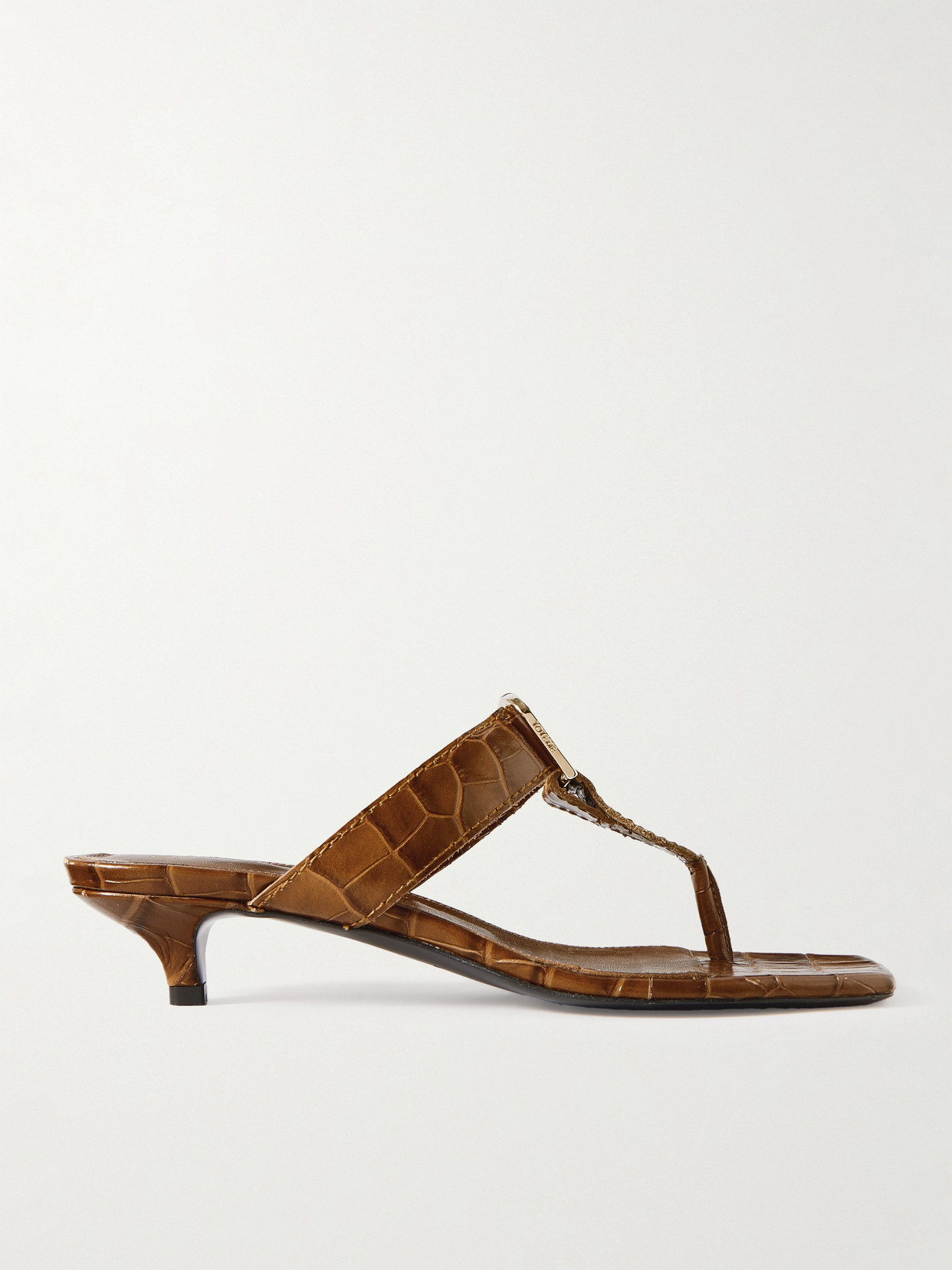 Shop Totême + Net Sustain The Belted Croco Flip-flop Croc-effect Leather Mules In Brown