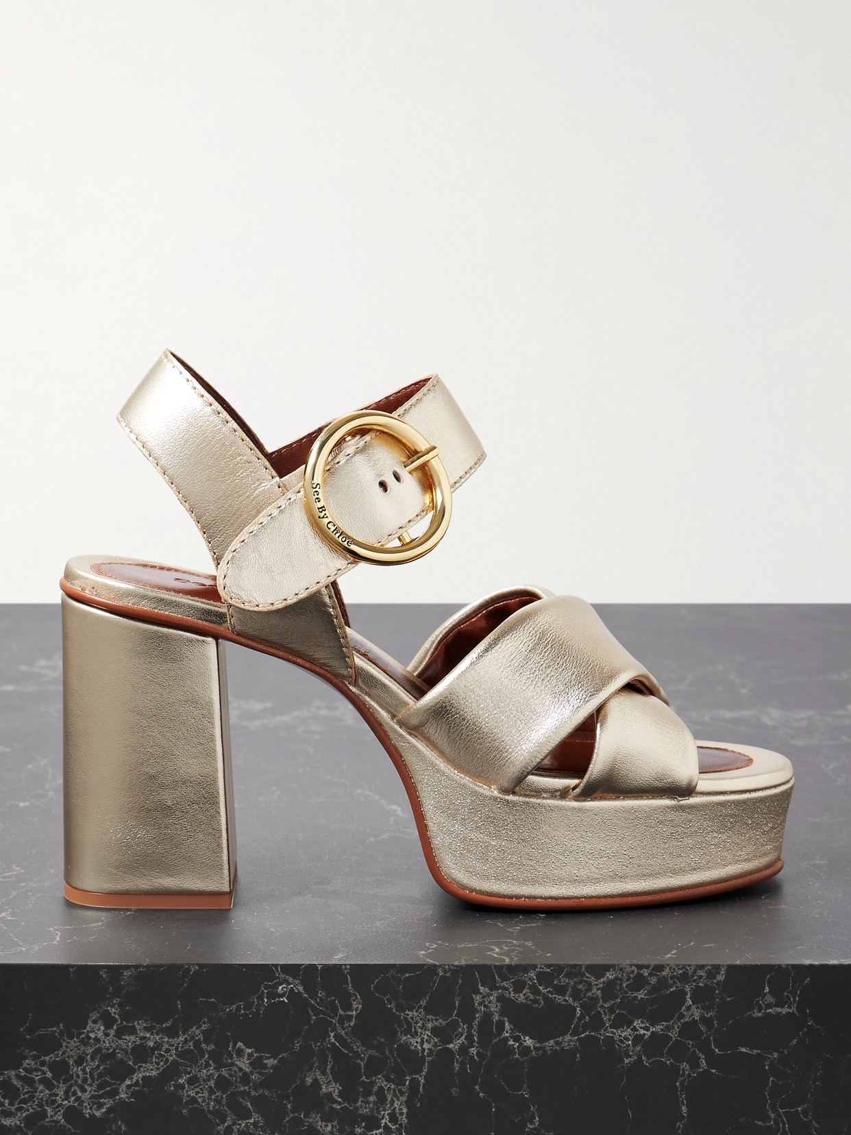 See By Chloé Lyna Metallic Leather Platform Sandals - Gold