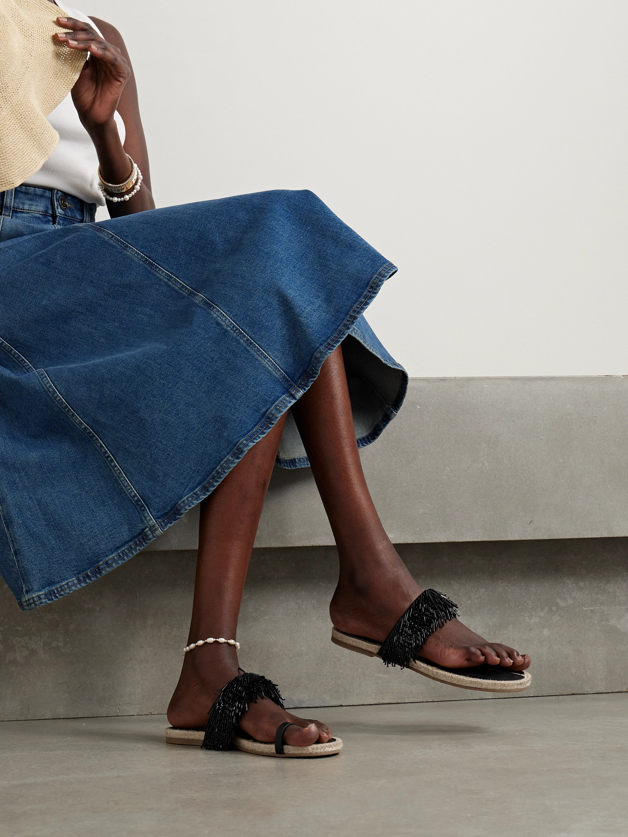 Stella Mccartney Gaia Glass Fringe Flat Sandals In Black