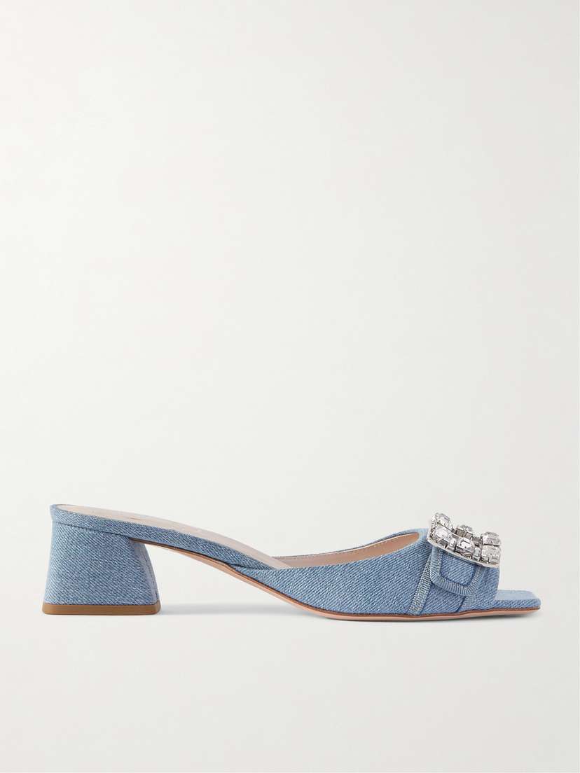 Roger Vivier Crystal-embellished Denim Mules