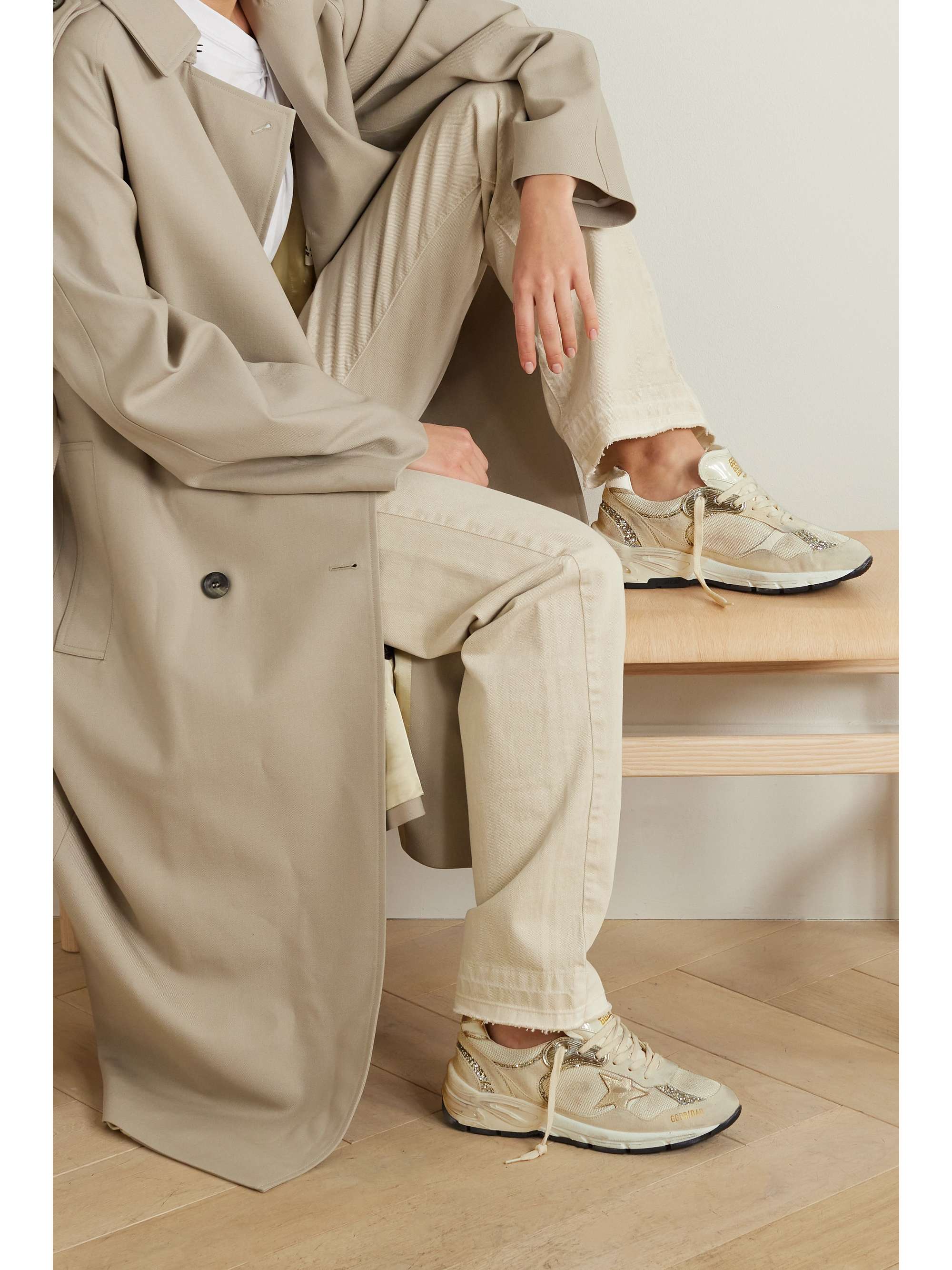 GOLDEN GOOSE Dad-Star distressed glittered suede, mesh and metallic leather  sneakers | NET-A-PORTER