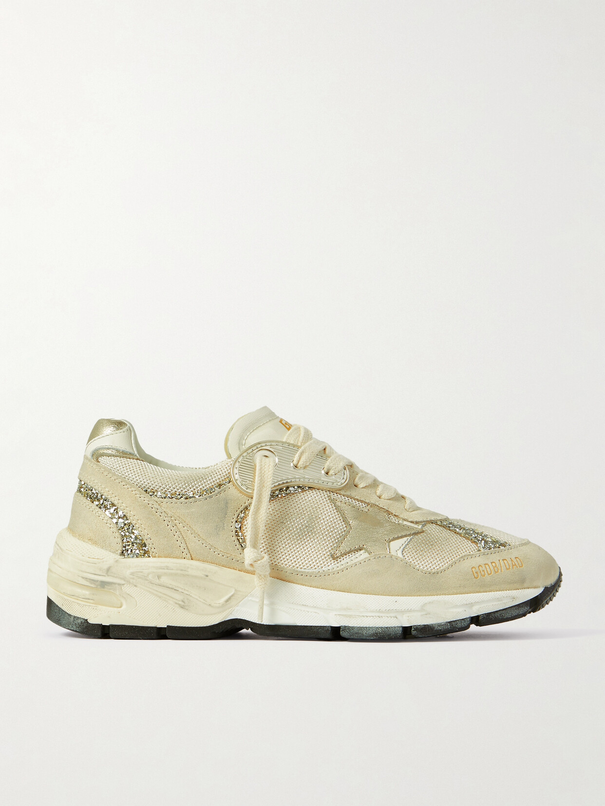 Golden Goose Dad-star Distressed Glittered Suede, Mesh And Metallic Leather Sneakers In Neutrals