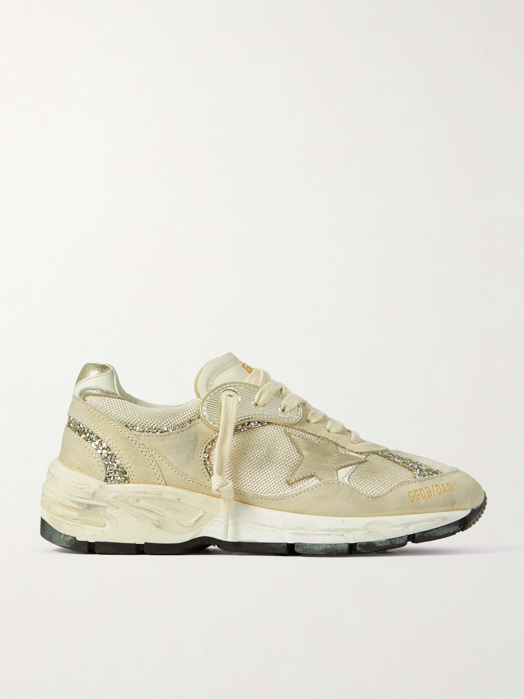 GOLDEN GOOSE Dad-Star distressed glittered suede, mesh and metallic leather  sneakers | NET-A-PORTER