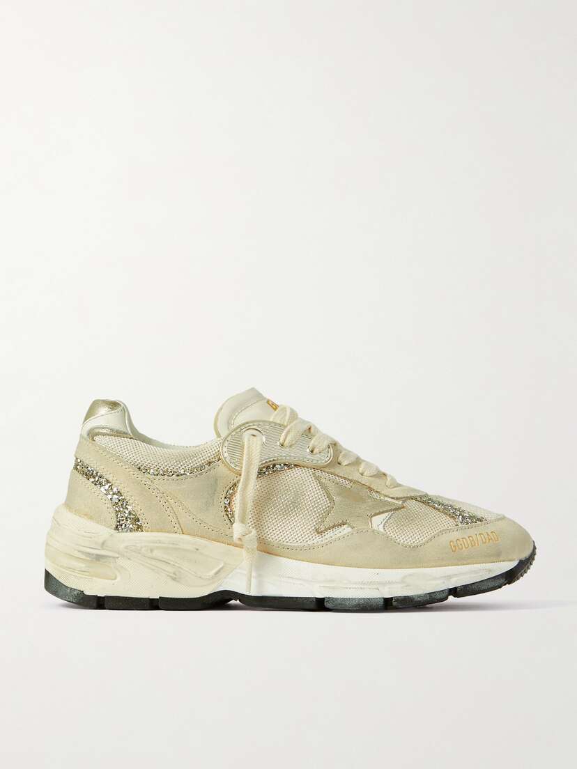 Golden Goose Dad-star Distressed Glittered Suede, Mesh And Metallic Leather Sneakers
