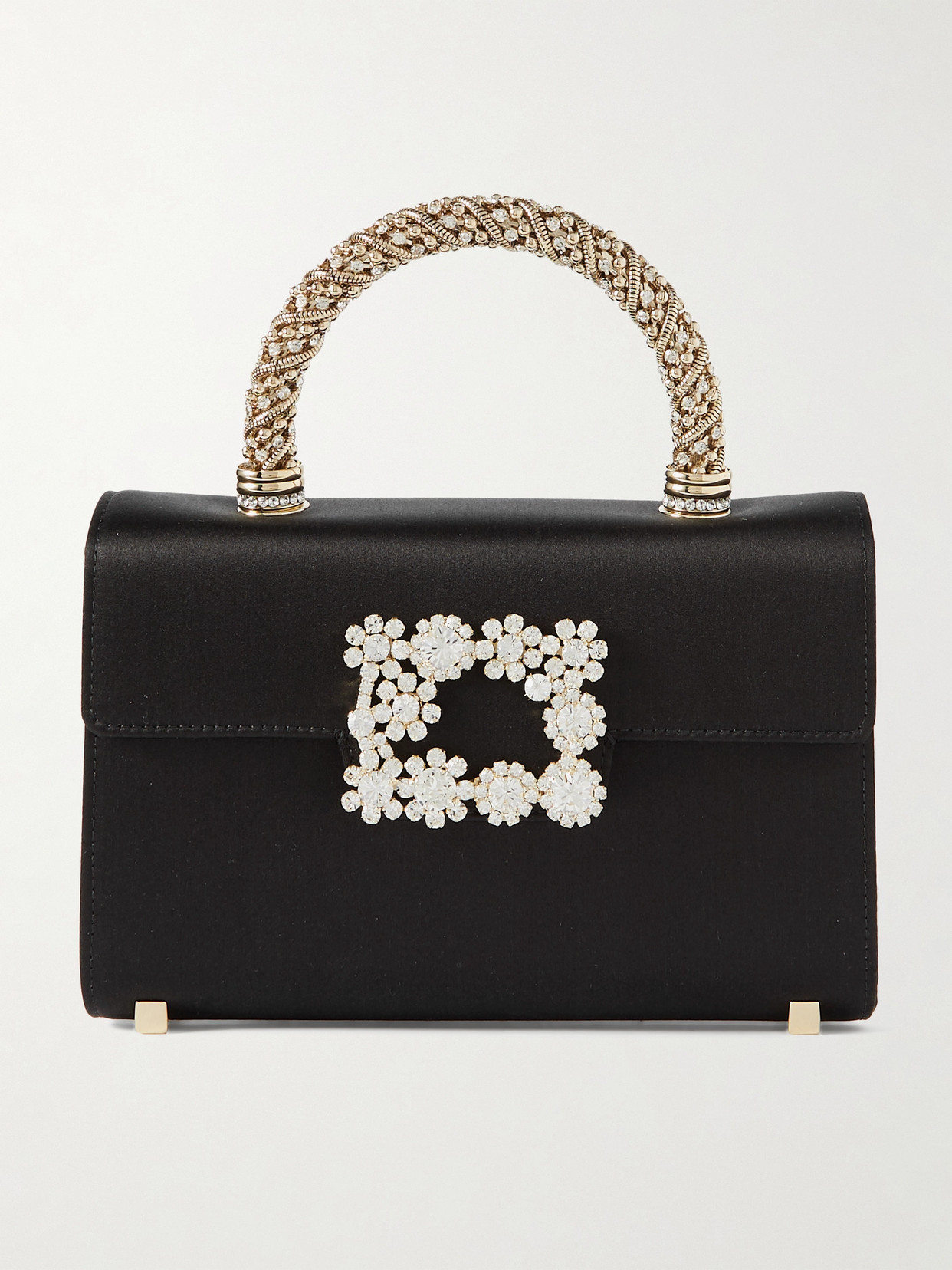 Roger Vivier Flower Crystal-embellished Satin Clutch In Black