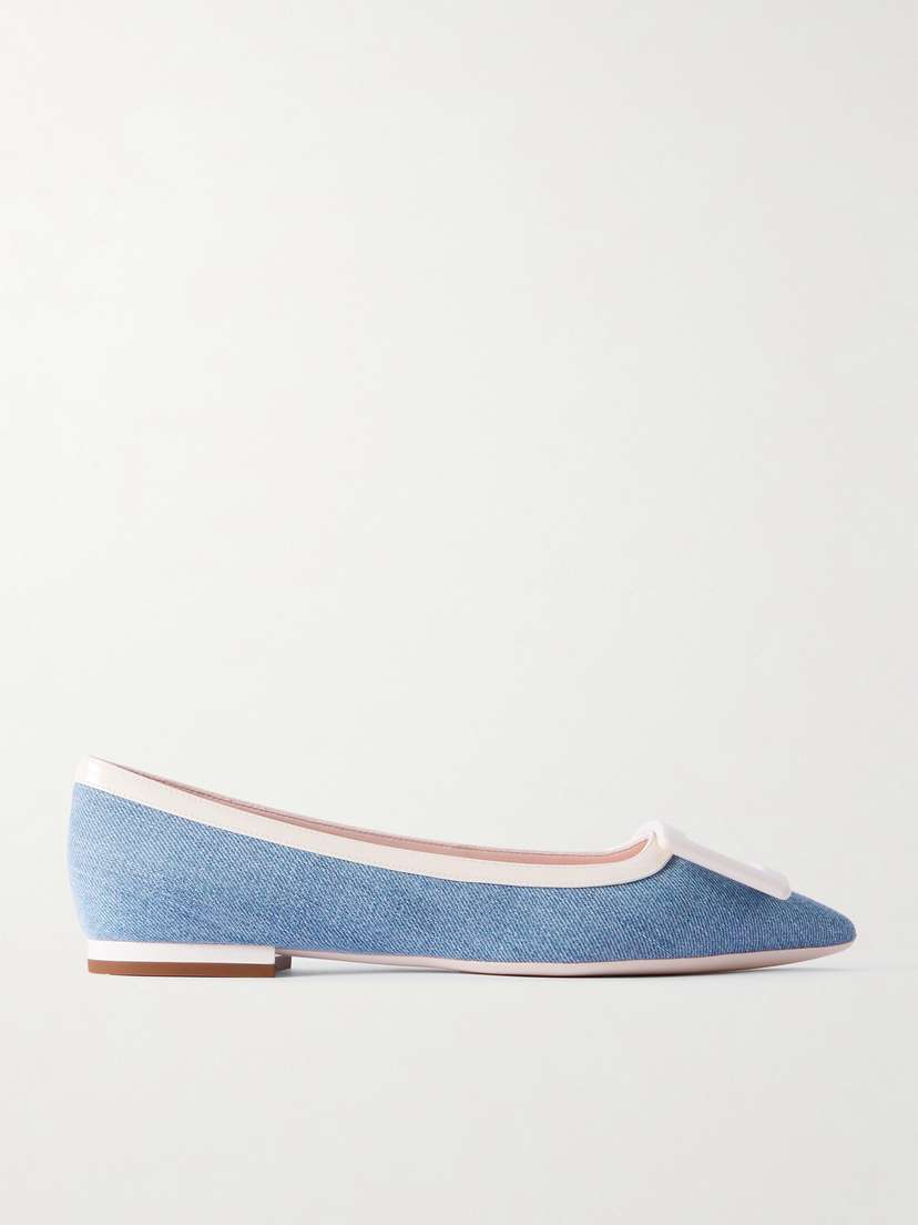 Roger Vivier Gommettine Buckled Denim And Patent-leather Ballet Flats