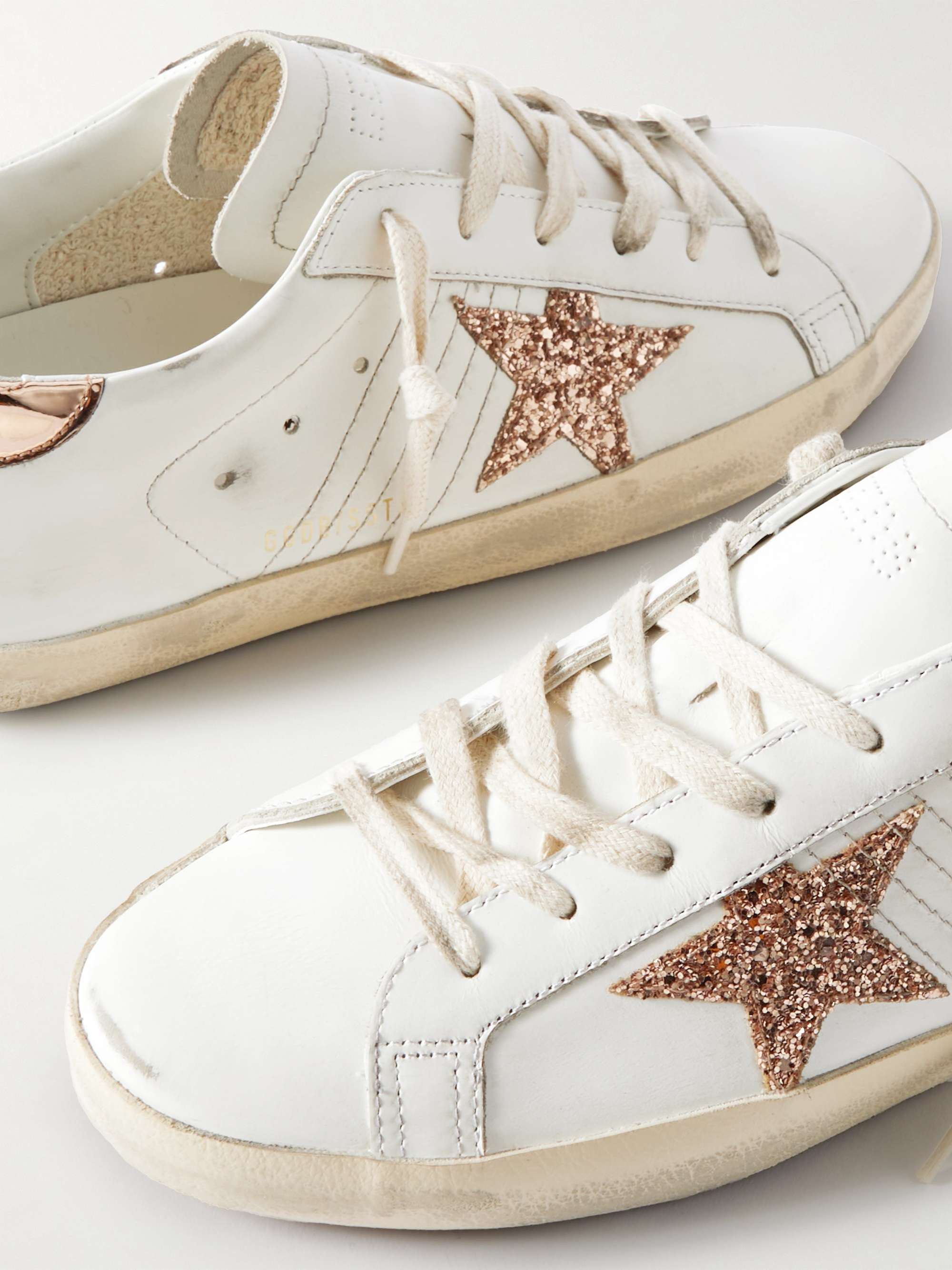 GOLDEN GOOSE Super-Star distressed glittered leather sneakers | NET-A-PORTER