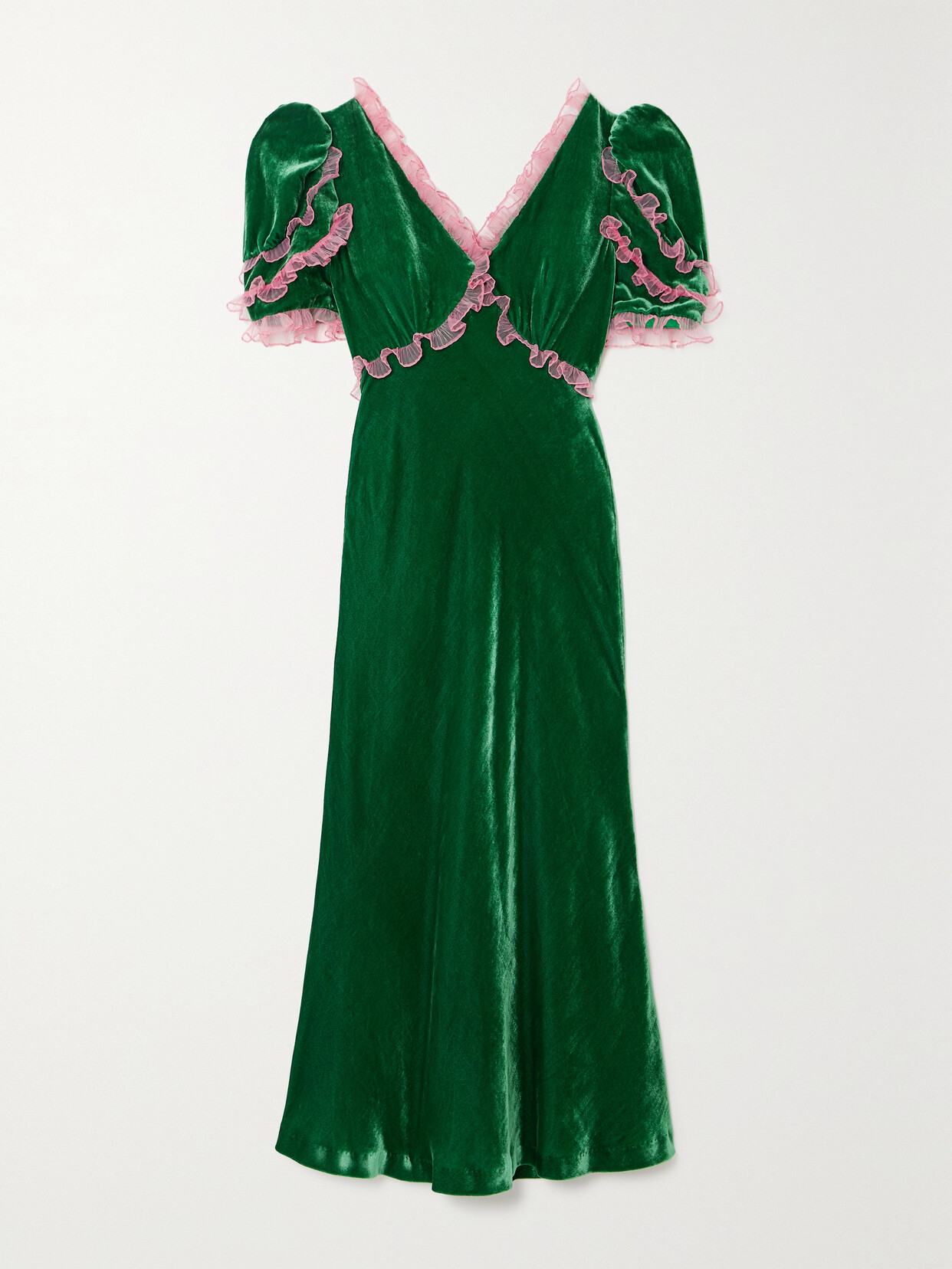 Saloni - Anais Ruffled Tulle-trimmed Velvet Midi Dress - Green