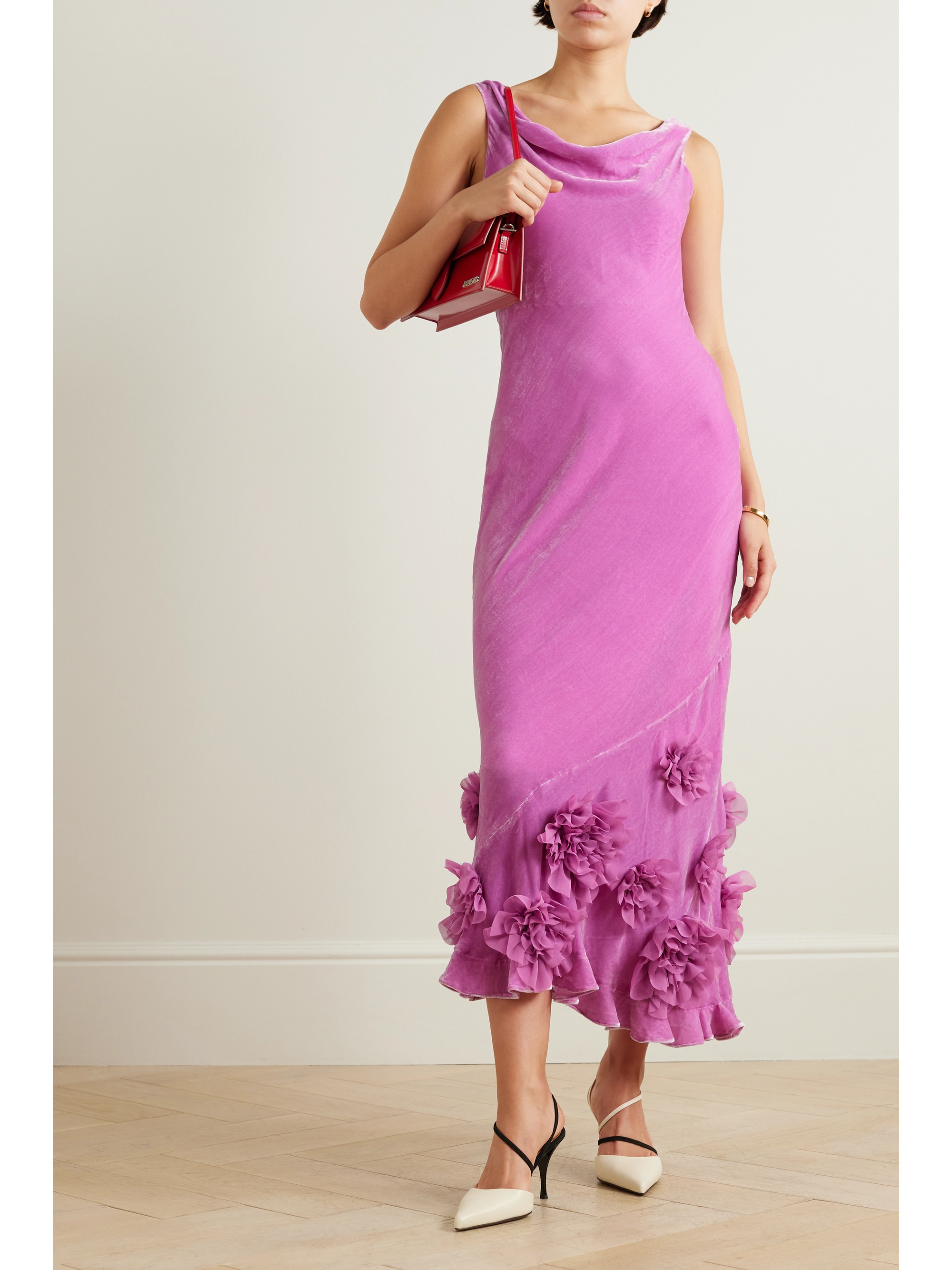 Saloni Asher draped appliquéd velvet midi dress