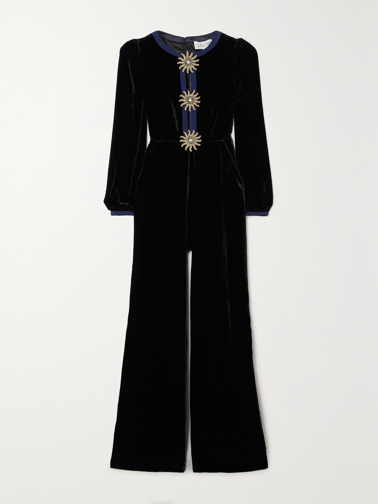 Saloni Camille Embellished Crepe-trimmed Velvet Jumpsuit In Black