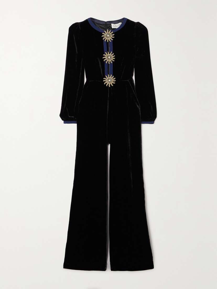 Saloni Camille Embellished Crepe-trimmed Velvet Jumpsuit - UK 16