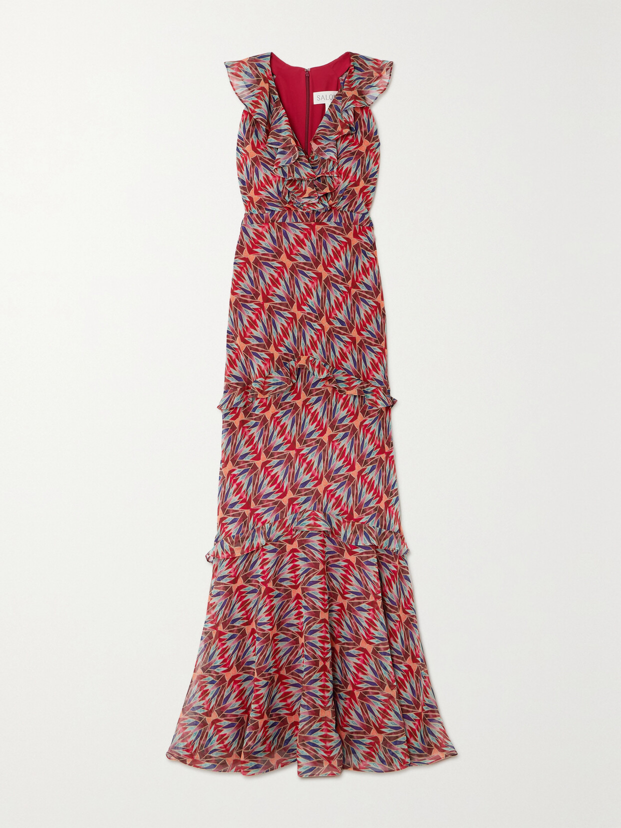 Shop Saloni Rita Ruffled Printed Silk-crepe Maxi Dress In Red