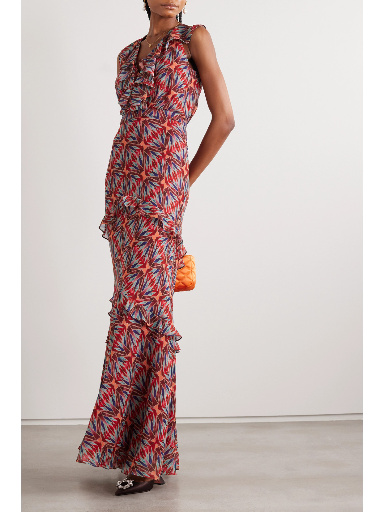 Shop Saloni Rita Ruffled Printed Silk-crepe Maxi Dress In Red