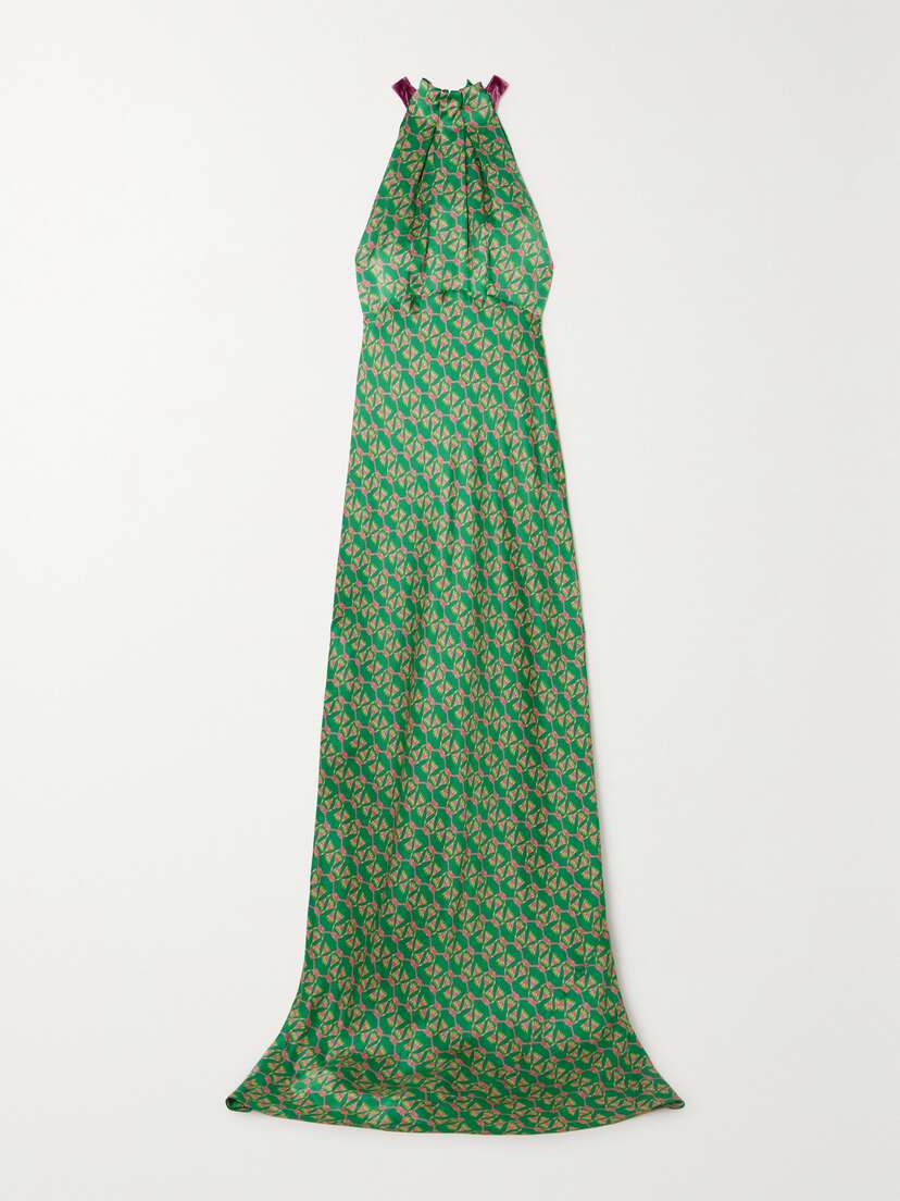 Saloni Michelle Velvet-trimmed Floral-print Hammered Silk-satin Maxi Dress