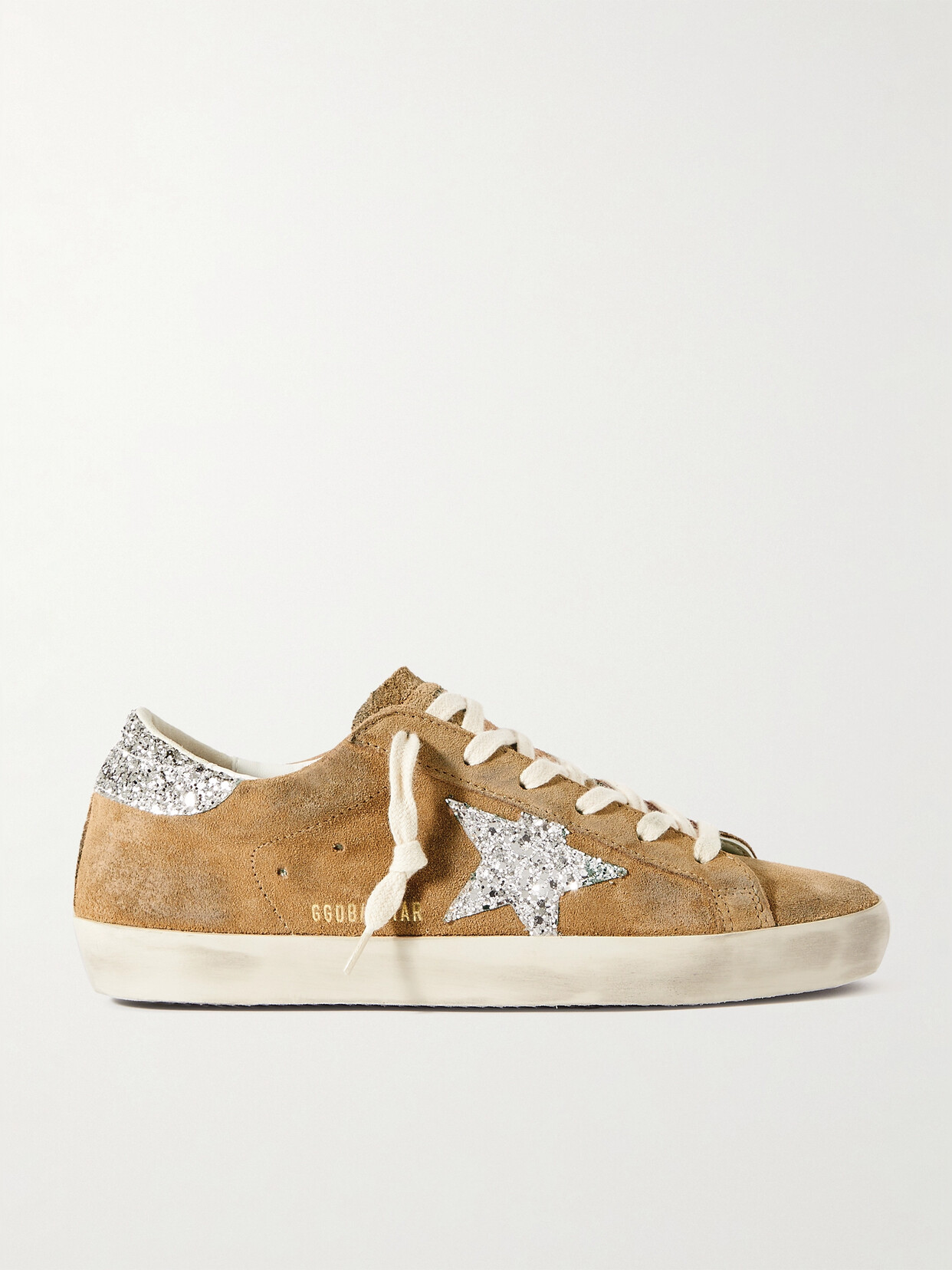 Golden Goose Super-star Distressed Glittered Leather-trimmed Suede Trainers In Brown