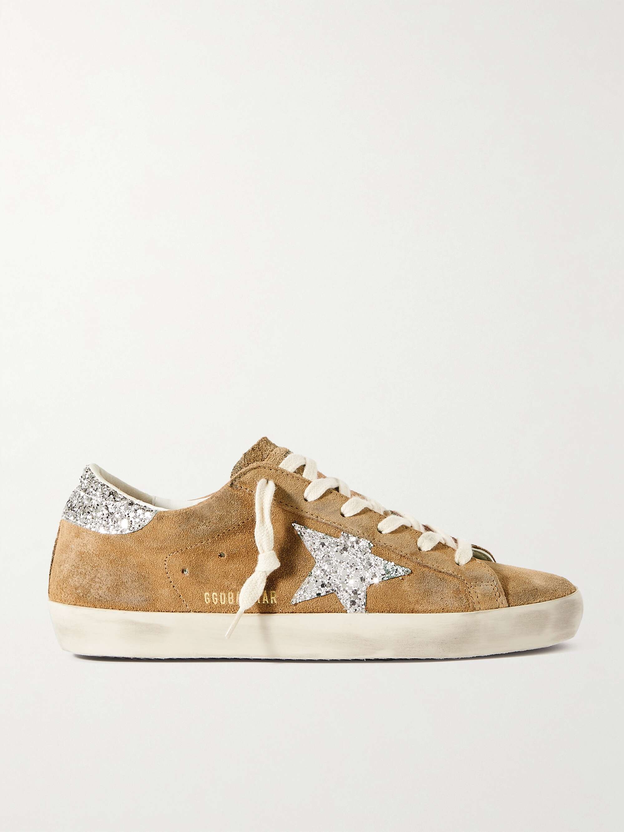 GOLDEN GOOSE Super-Star distressed glittered leather-trimmed suede sneakers  | NET-A-PORTER