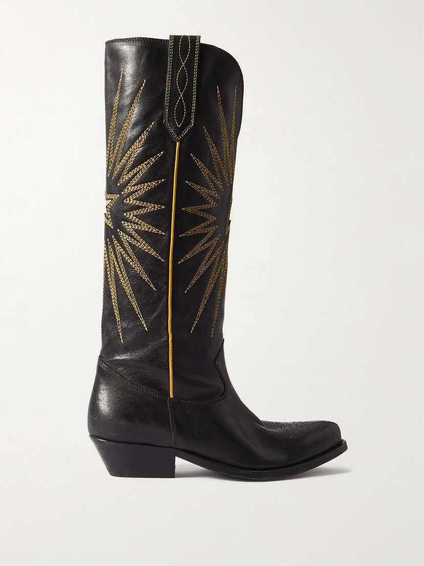 Golden Goose Wish Star Embroidered Distressed Leather Cowboy Boots