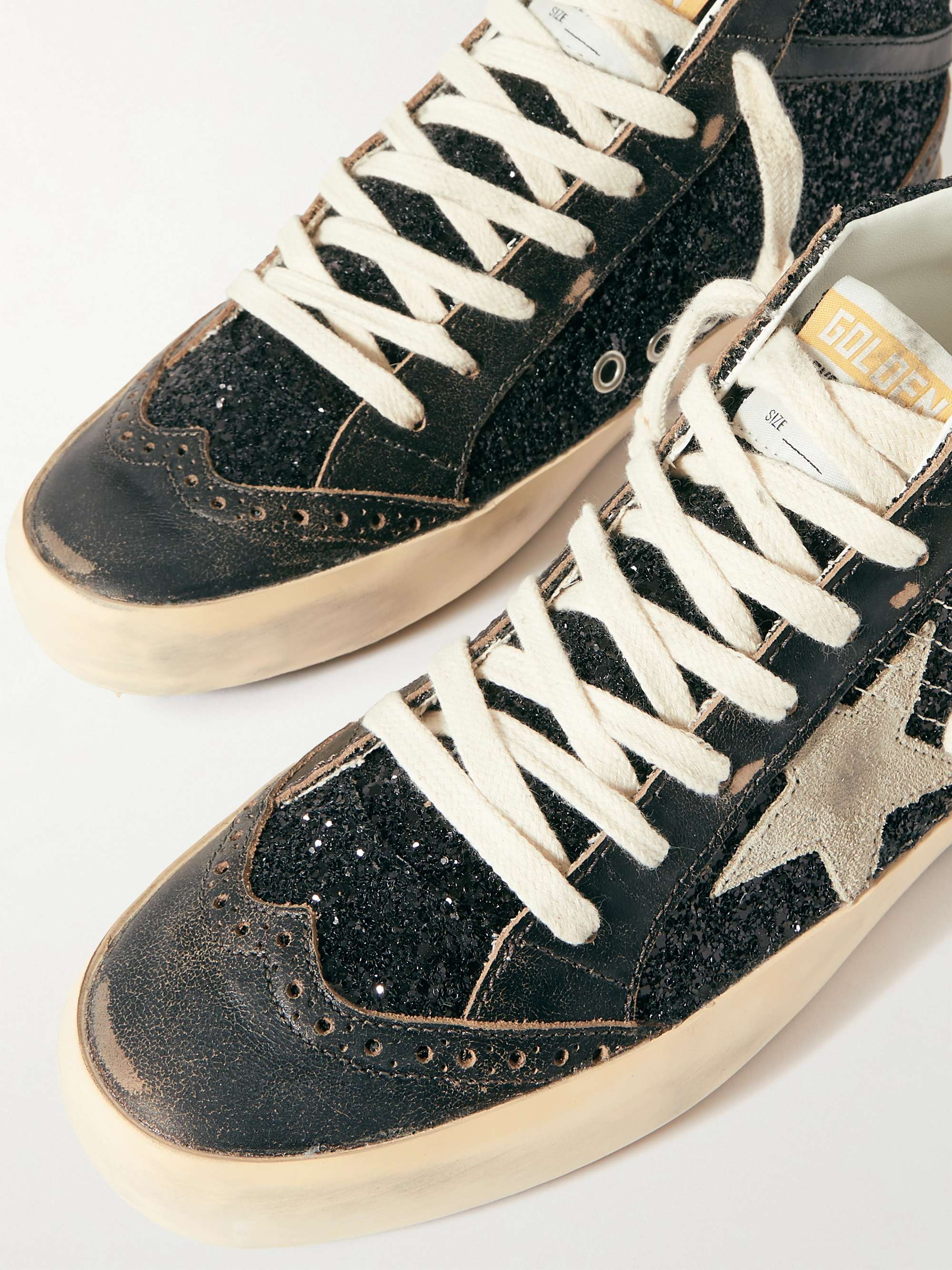 GOLDEN GOOSE Mid Star suede and leather-trimmed distressed glittered faux leather  sneakers | NET-A-PORTER