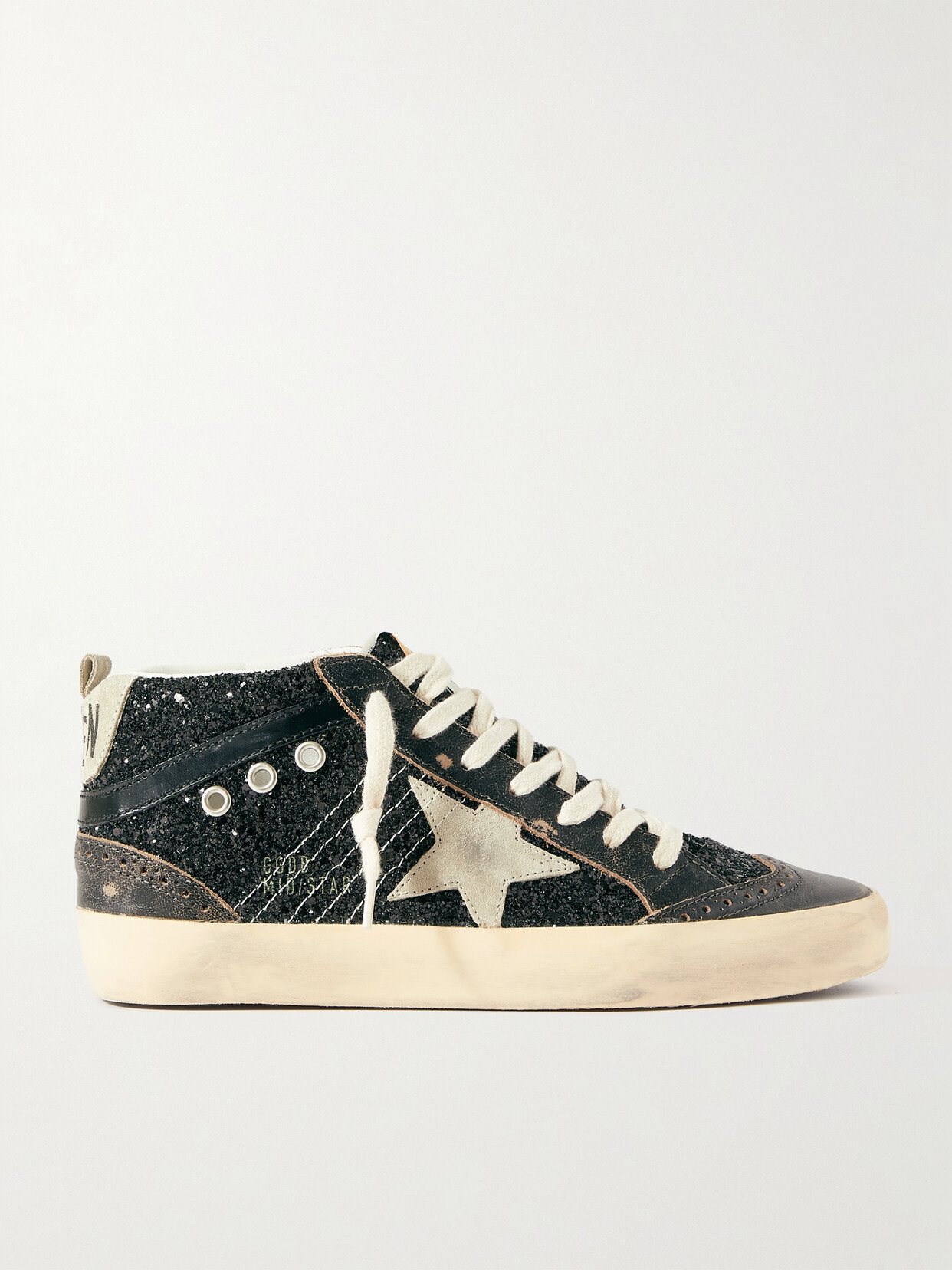 Golden Goose Mid Star Suede-trimmed Distressed Glittered Faux Leather Sneakers In Black