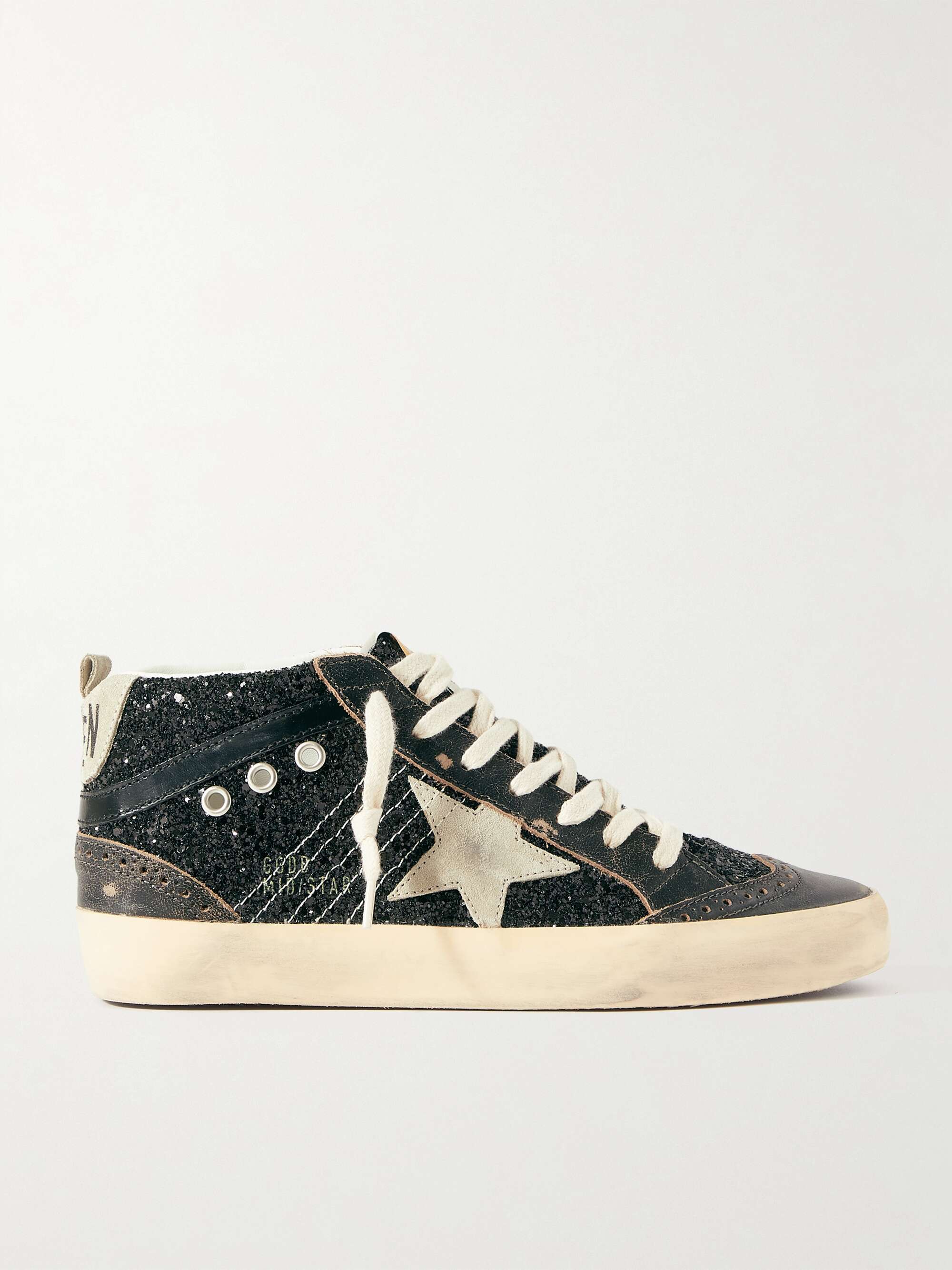 GOLDEN GOOSE Mid Star suede and leather-trimmed distressed glittered faux leather sneakers | NET-A-PORTER