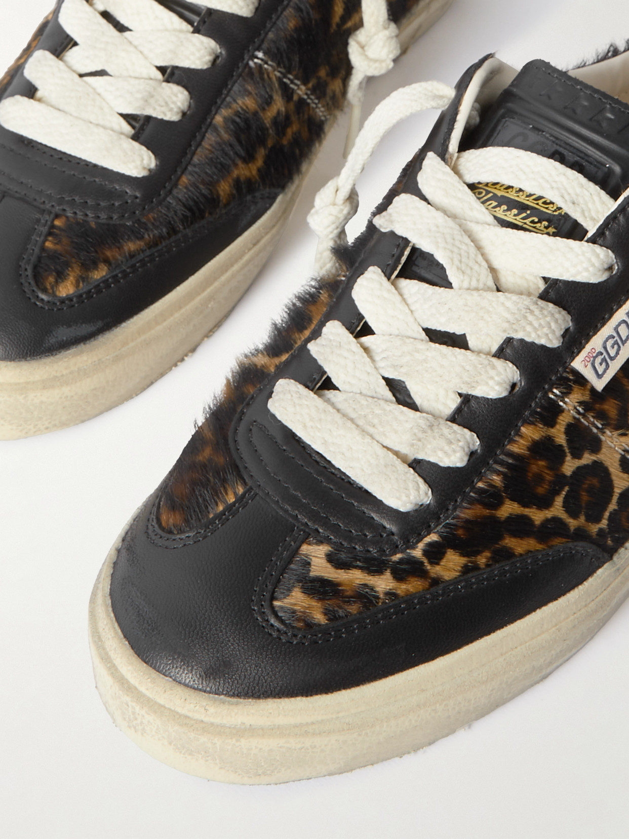 Shop Golden Goose Soul-star Distressed Leather-trimmed Leopard-print Calf Hair Sneakers In Animal Print