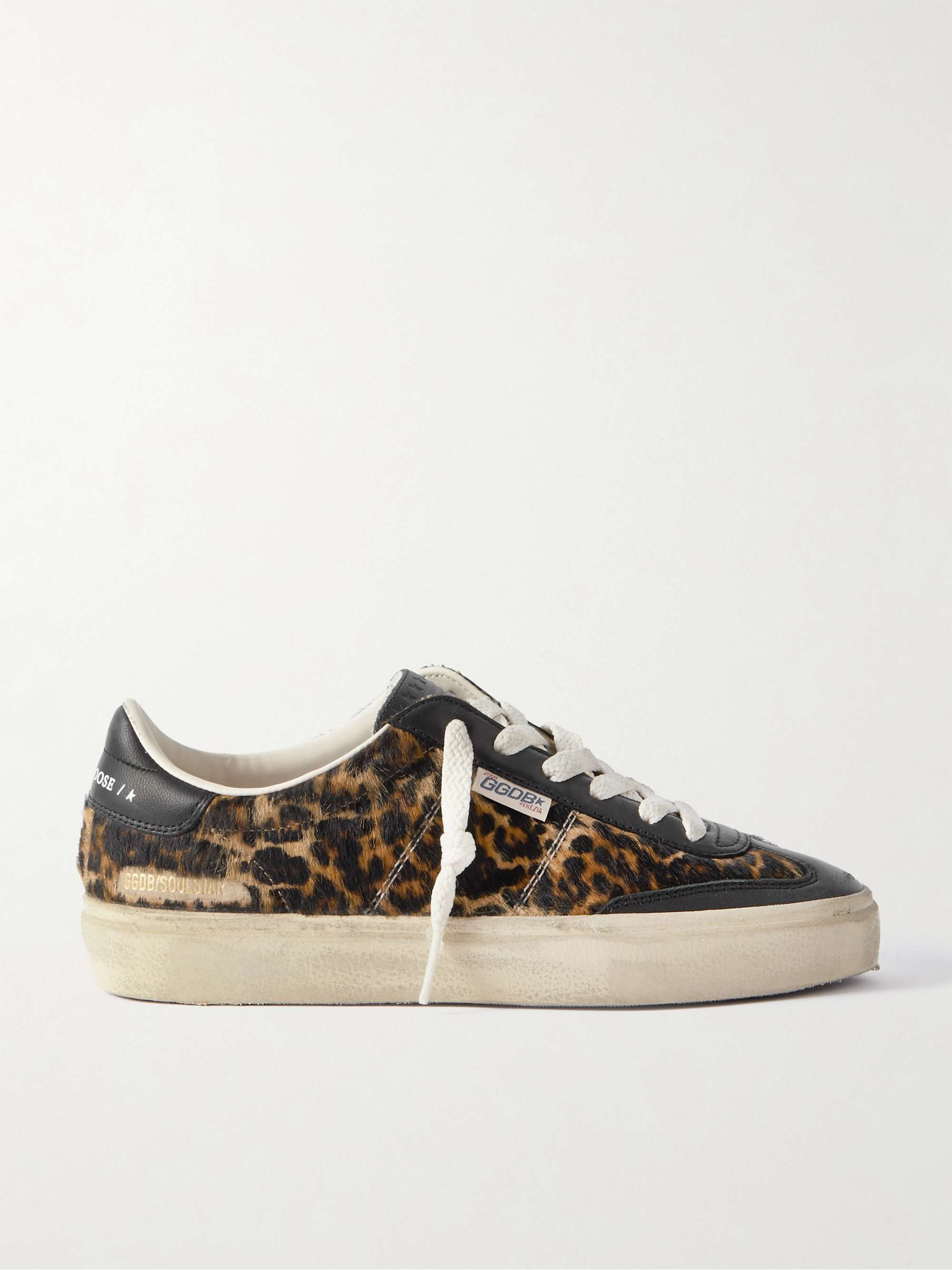 GOLDEN GOOSE Soul-Star distressed leather-trimmed leopard-print calf hair  sneakers | NET-A-PORTER