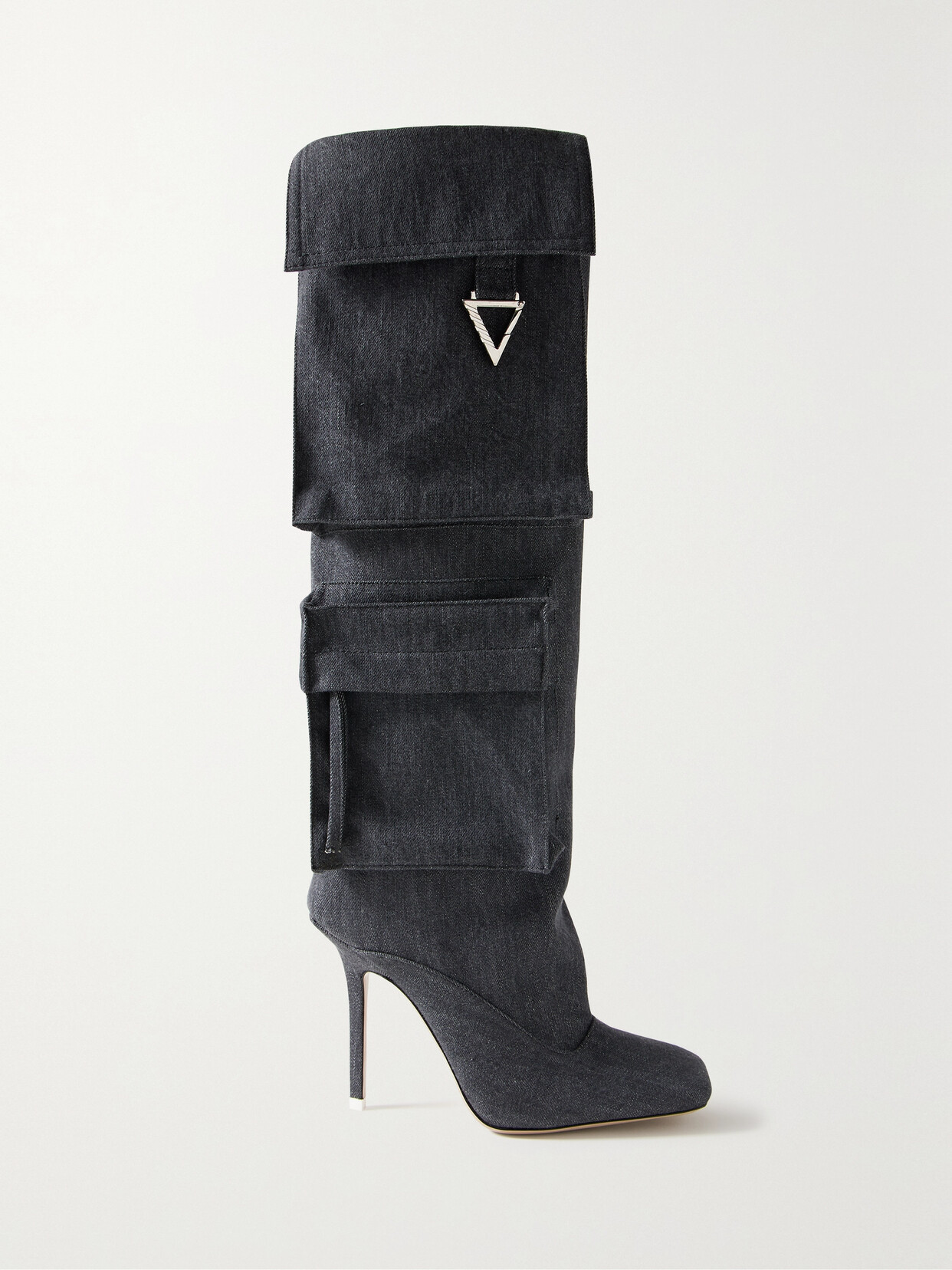 Shop Attico Sienna Embellished Denim Knee Boots In Gray