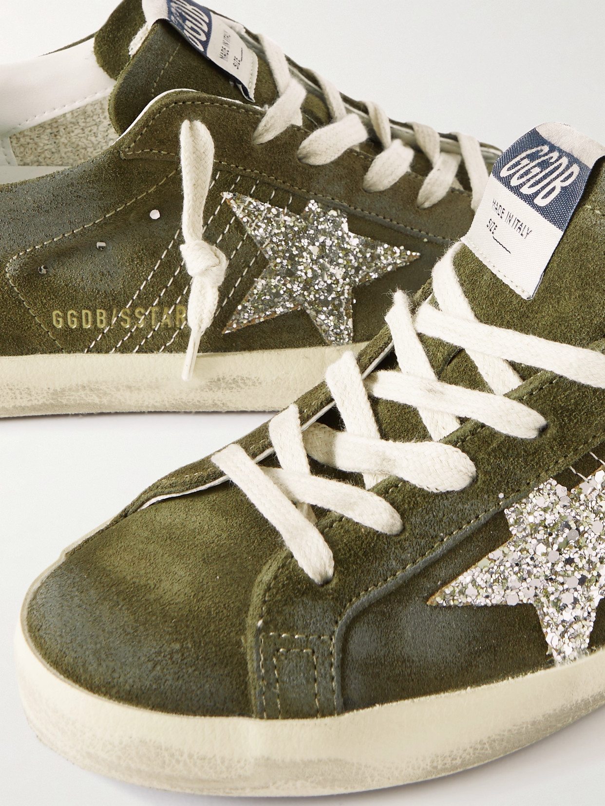 Shop Golden Goose Super-star Leather-trimmed Glittered Distressed Suede Sneakers In Green