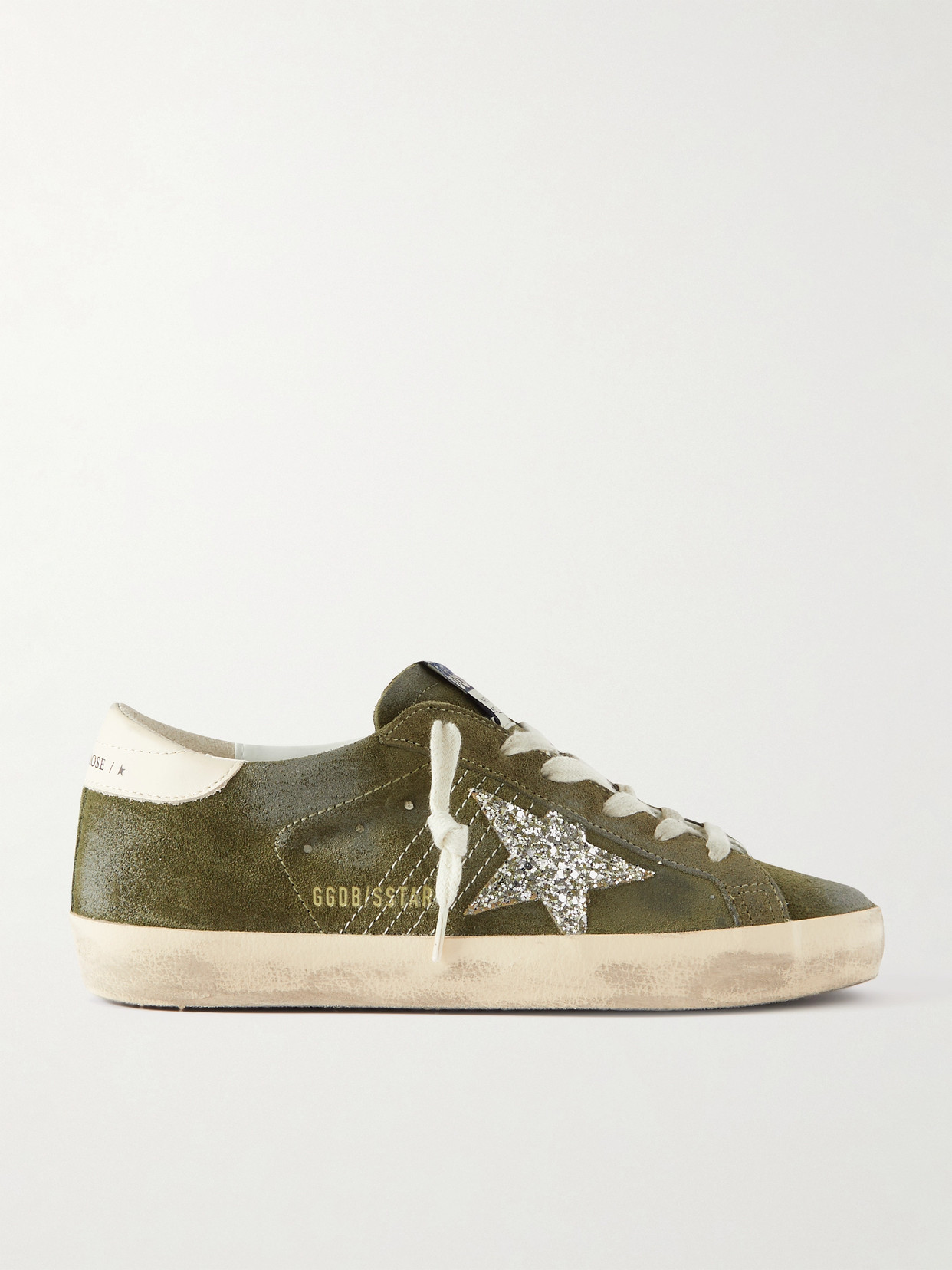 Shop Golden Goose Super-star Leather-trimmed Glittered Distressed Suede Sneakers In Green