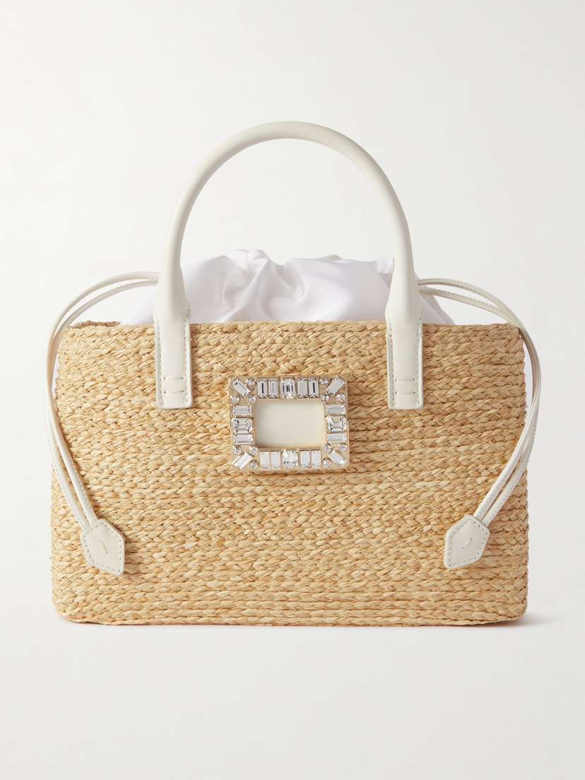 Roger Vivier Viv Skate Crystal-embellished Leather-trimmed Raffia Tote -  - One size