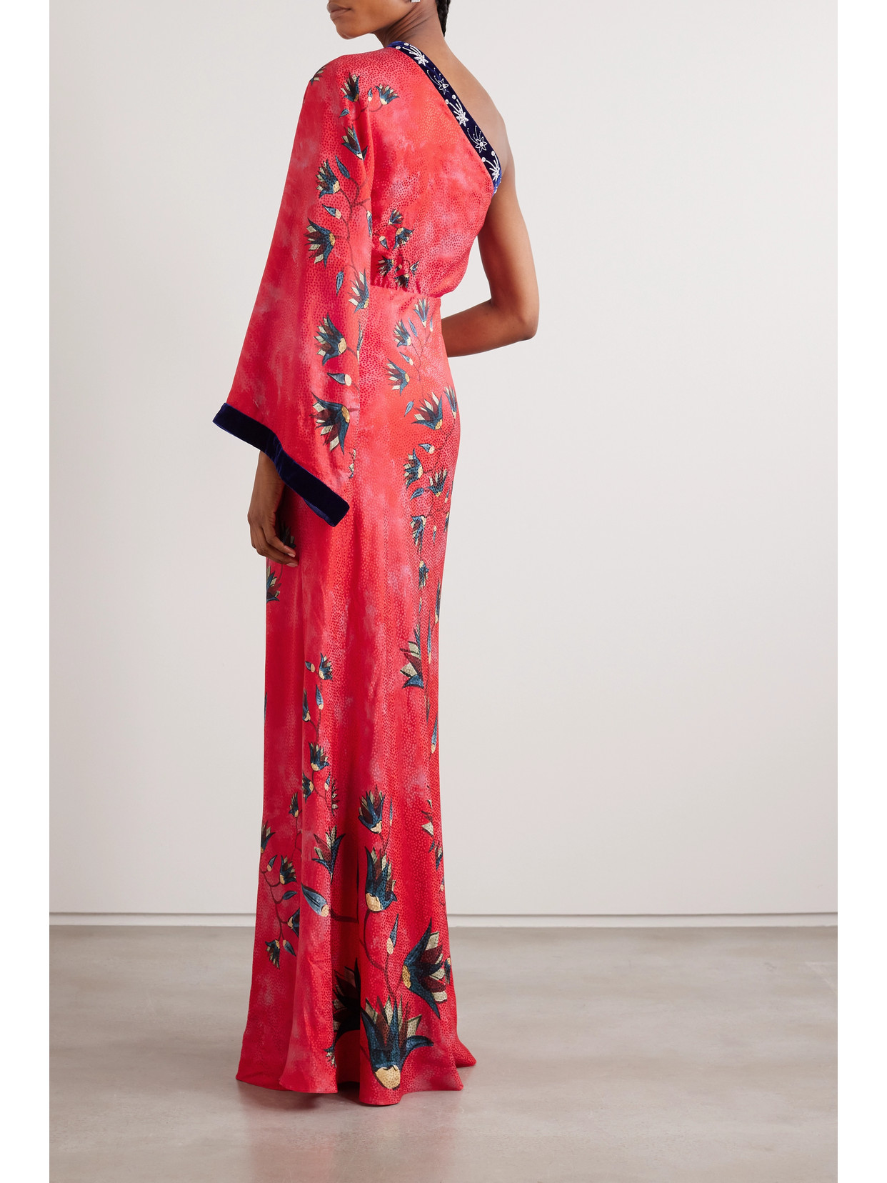 Shop Saloni Lily One-shoulder Embellished Velvet-trimmed Silk-jacquard Maxi Dress In Red