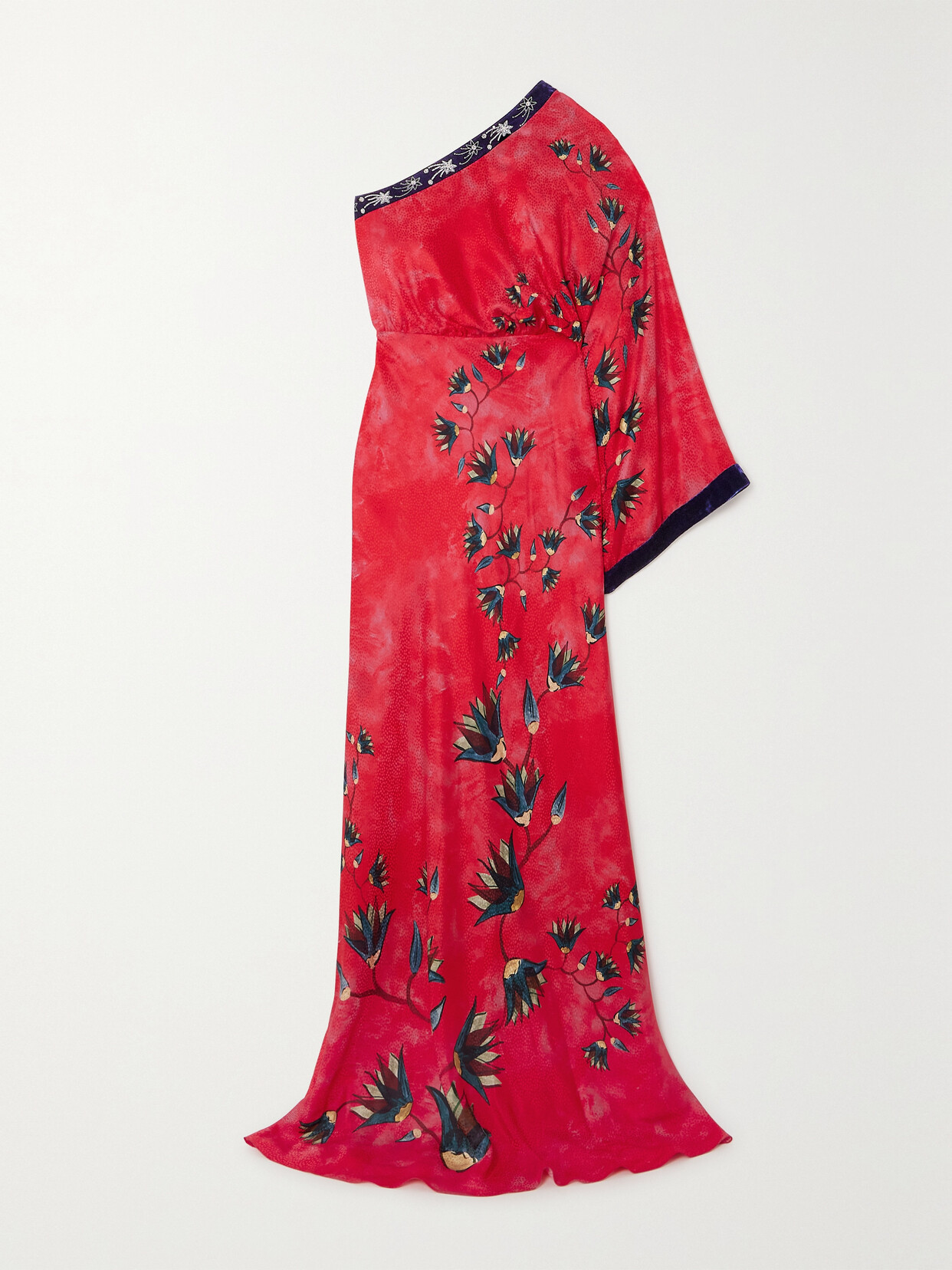 Shop Saloni Lily One-shoulder Embellished Velvet-trimmed Silk-jacquard Maxi Dress In Red