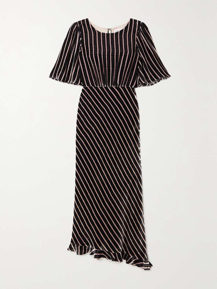 Saloni Vida Asymmetric Striped Velvet-jacquard Midi Dress