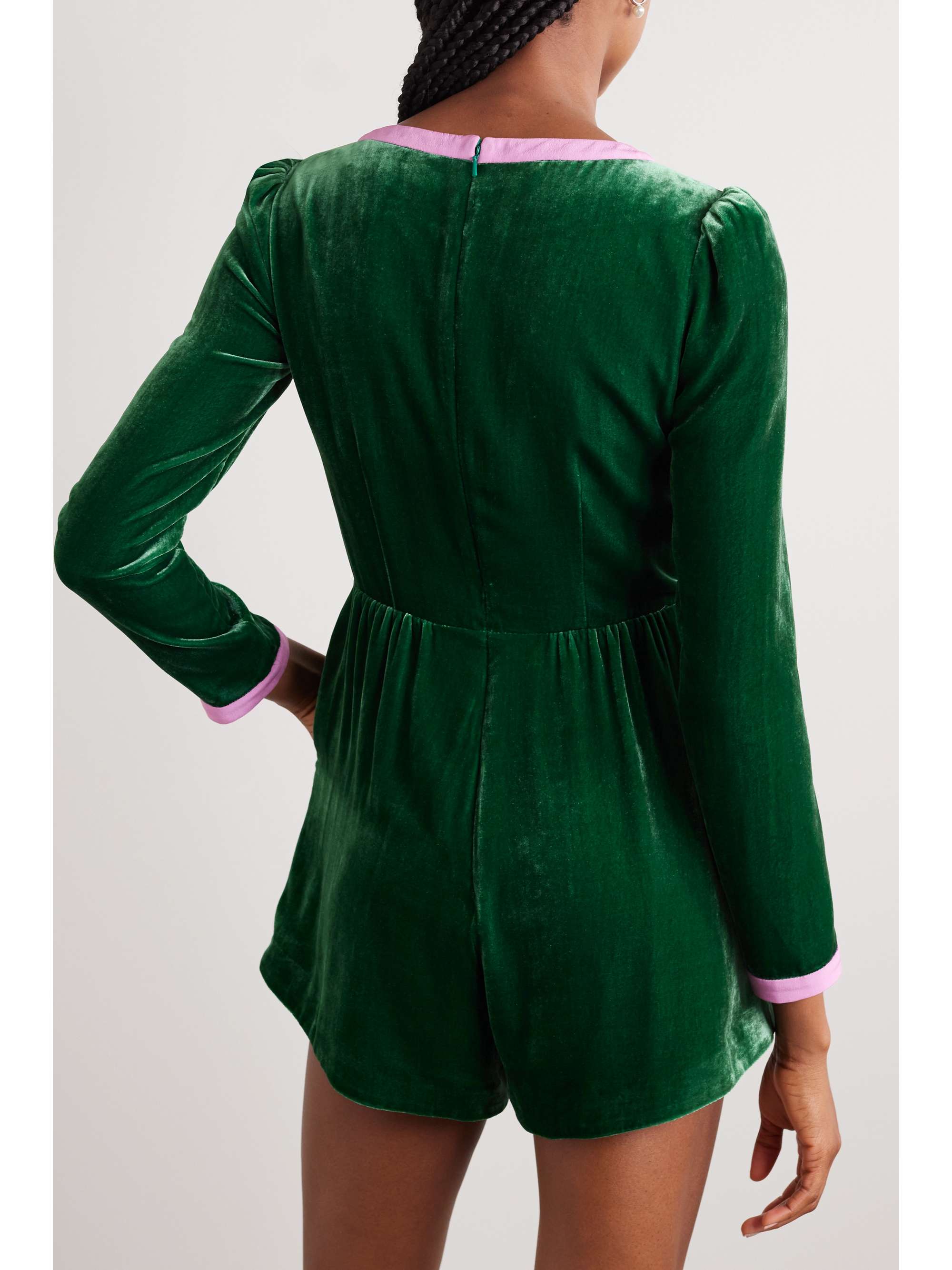 SALONI Camille embellished silk-trimmed velvet playsuit