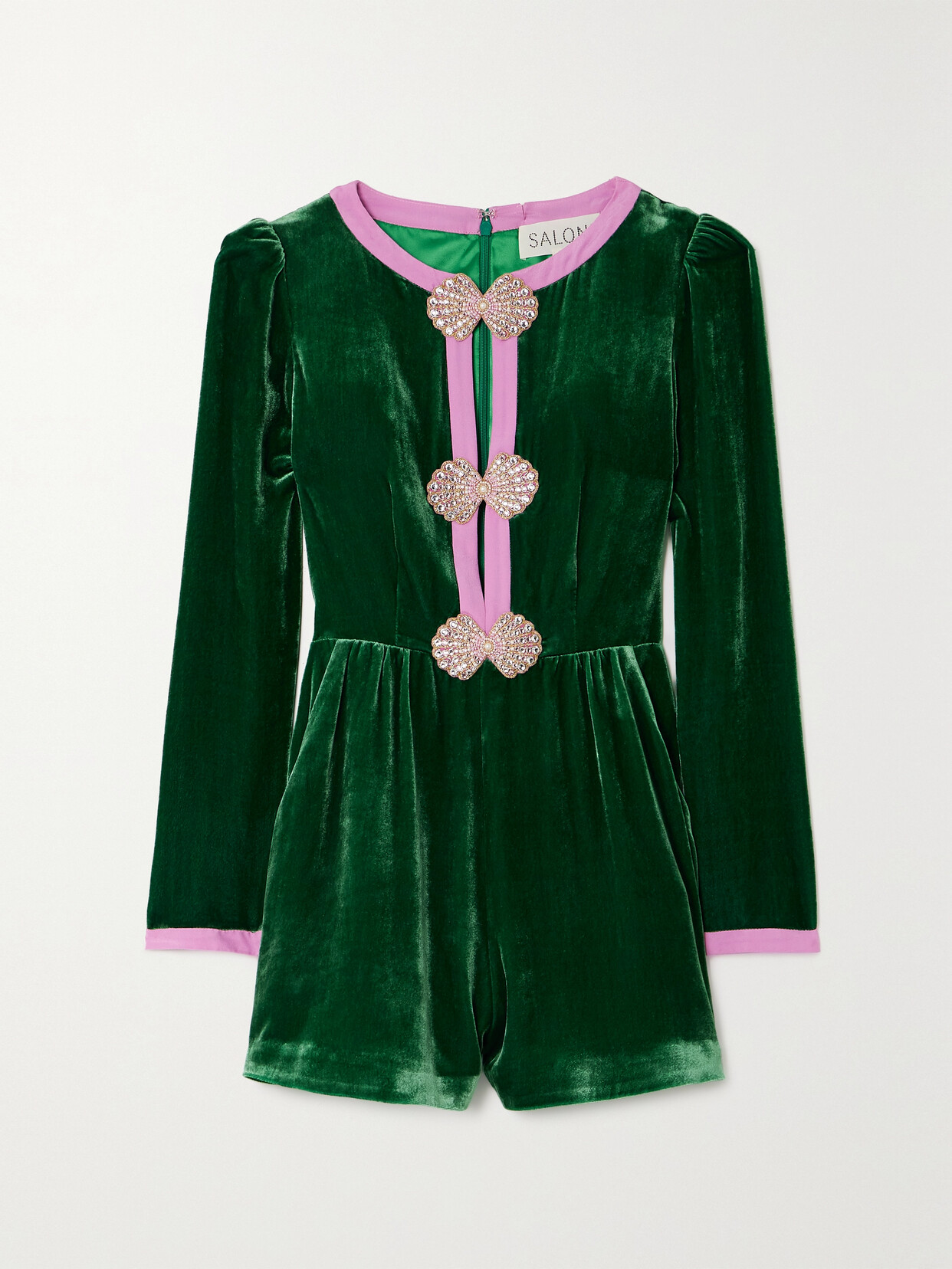 Saloni Camille Embellished Silk Crepe-trimmed Velvet Playsuit In Green