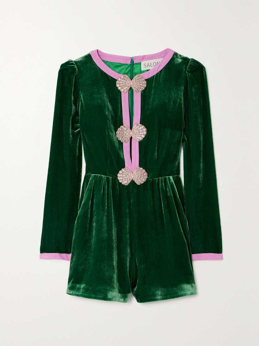 Saloni Camille Embellished Silk Crepe-trimmed Velvet Playsuit