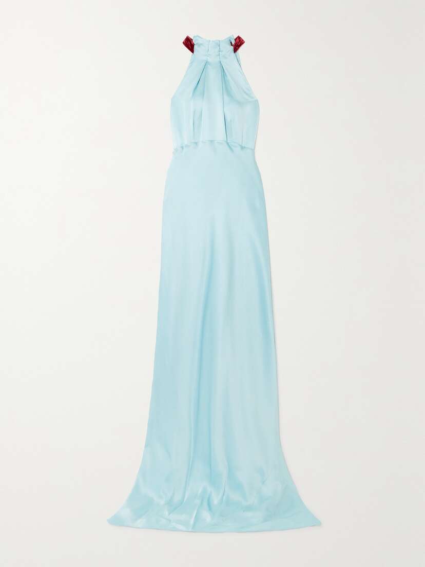 Saloni Michelle Velvet-trimmed Hammered-silk Maxi Dress