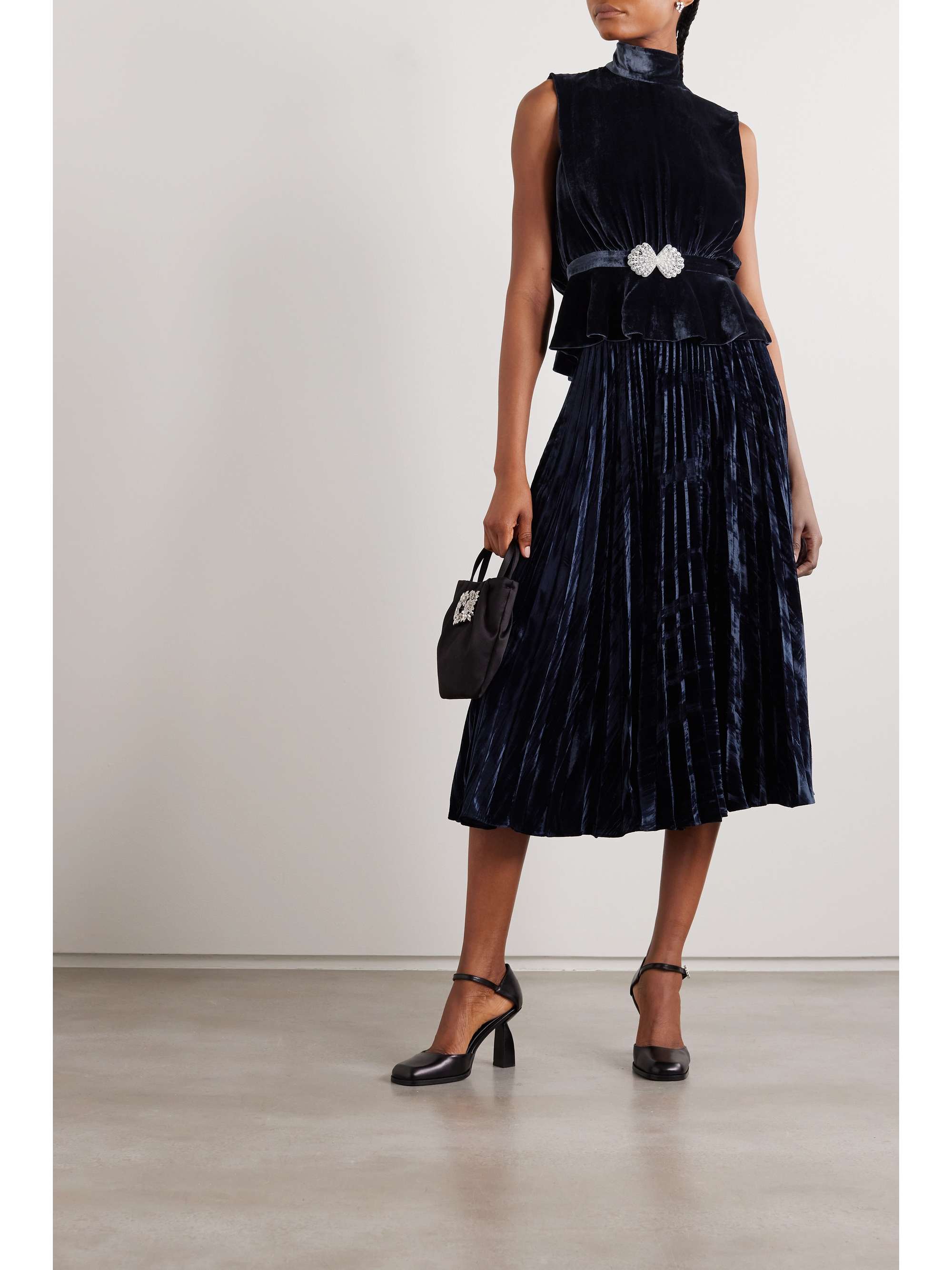 SALONI Kim pleated velvet midi skirt | NET-A-PORTER