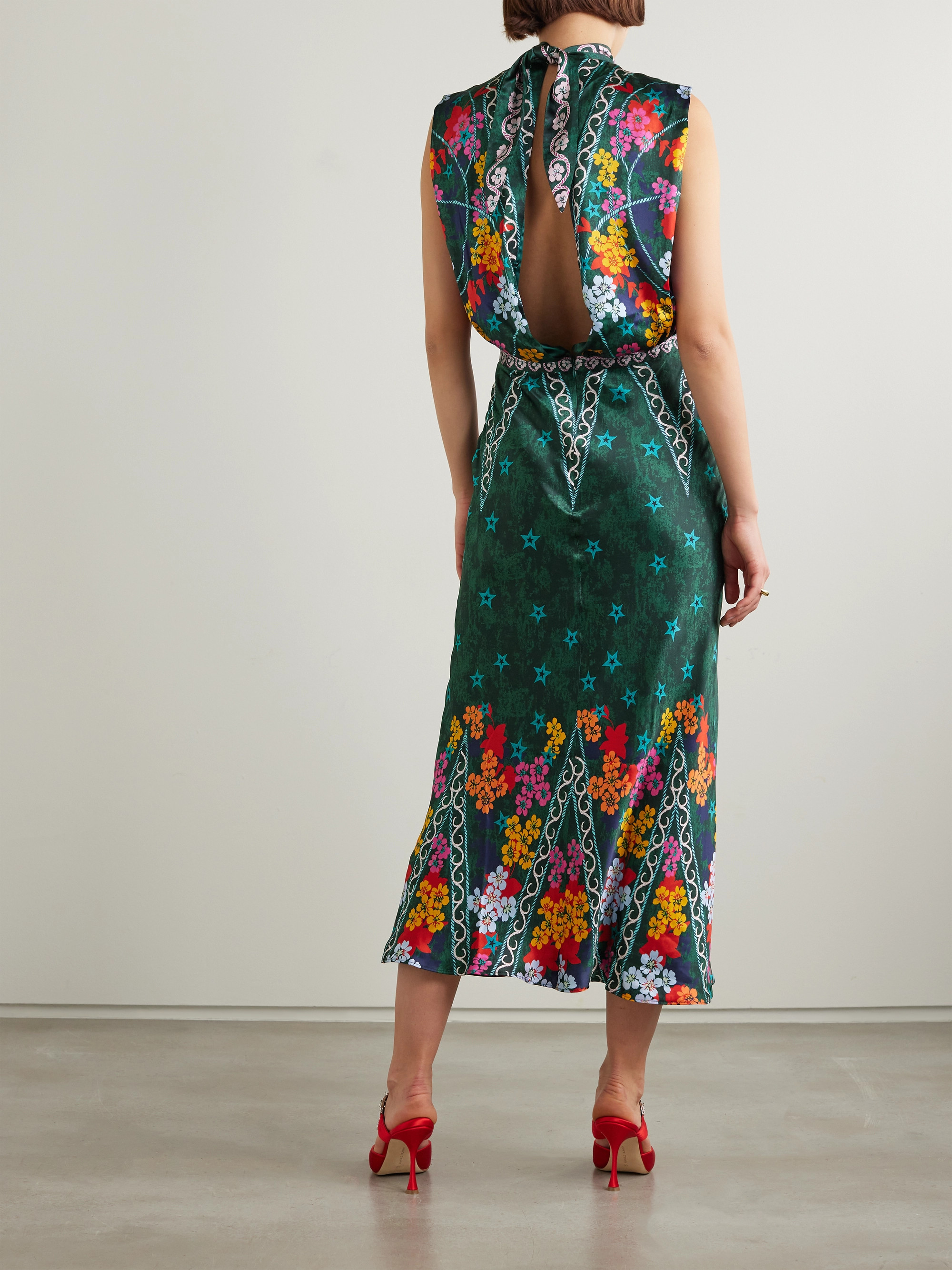 Saloni Fleur open-back printed silk-satin midi dress