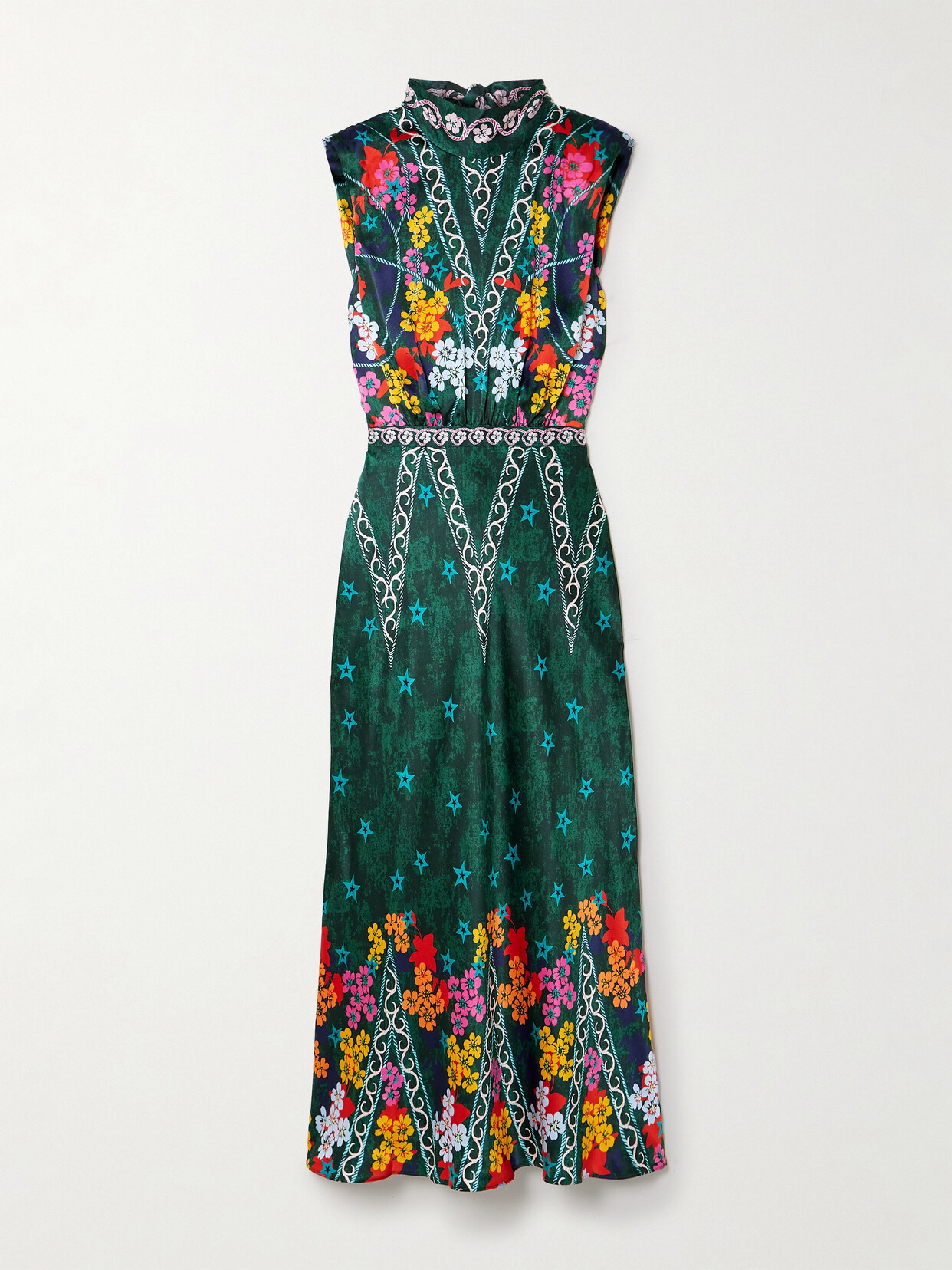 Saloni Fleur Open-back Printed Silk-satin Midi Dress In Green