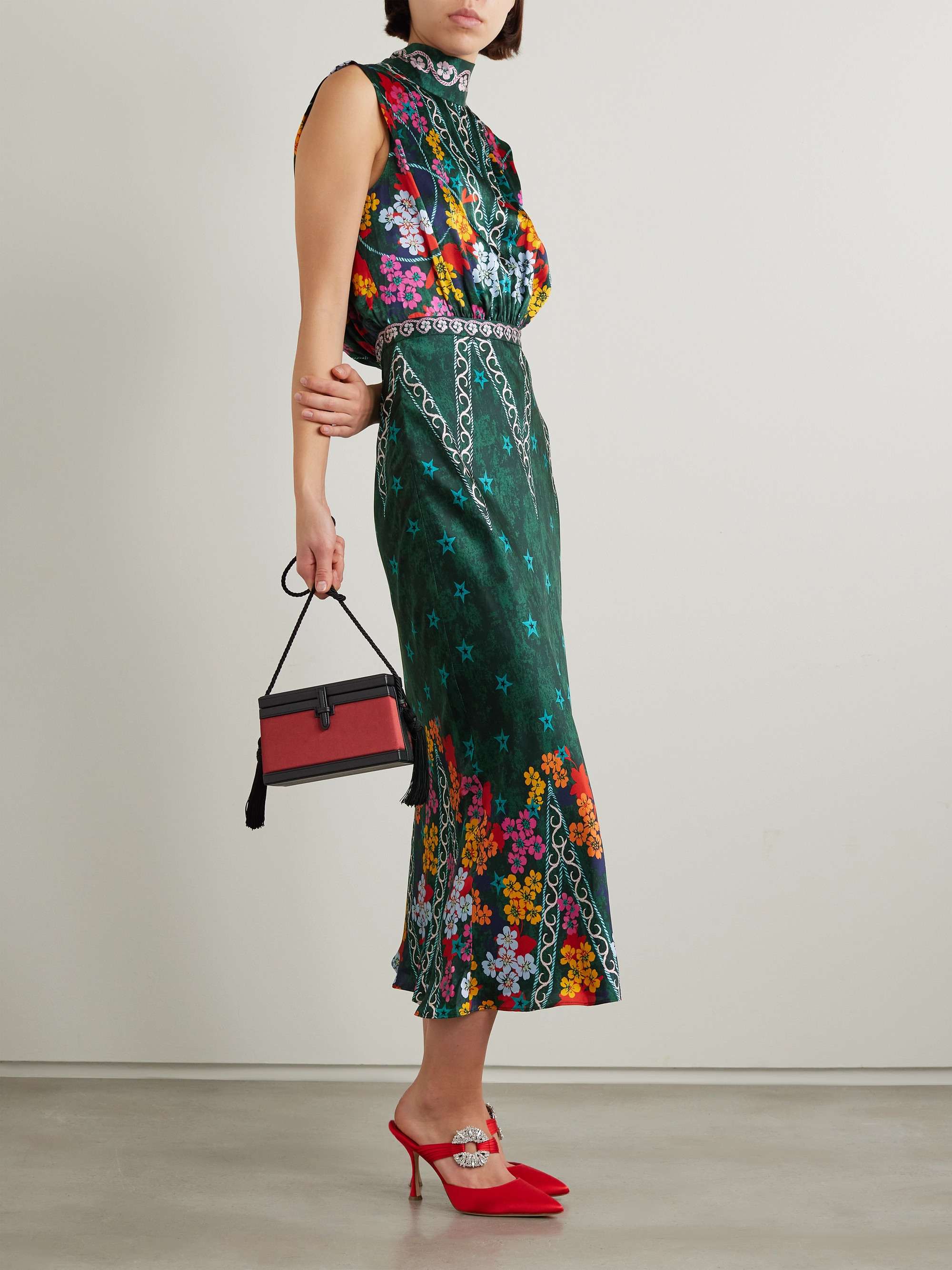 Saloni Fleur open-back printed silk-satin midi dress