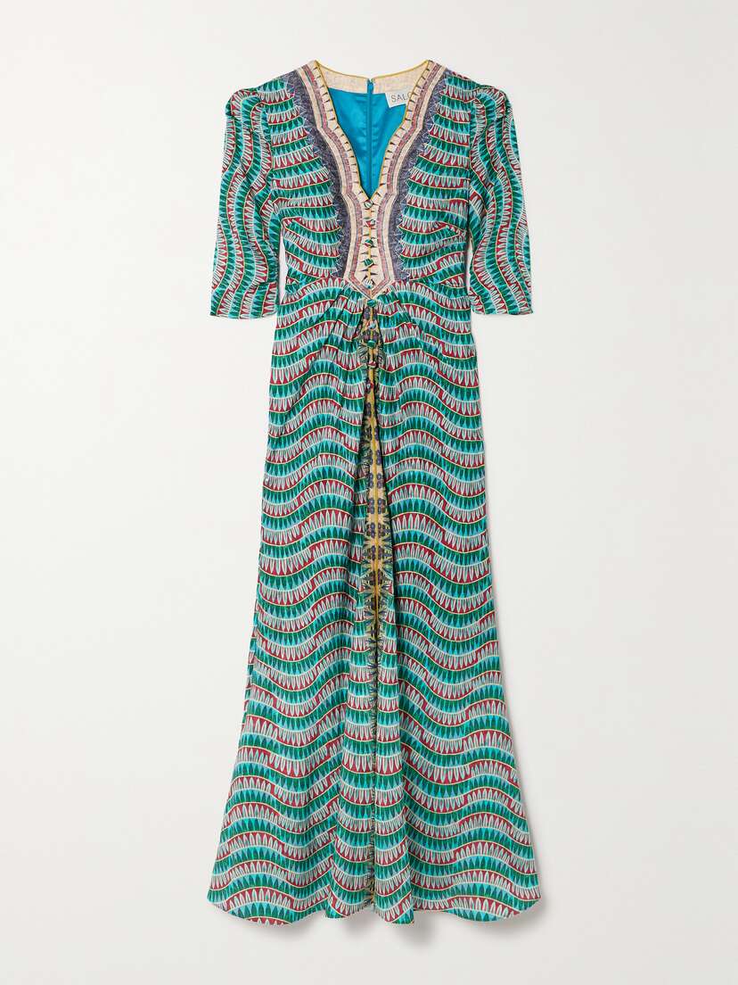 Saloni Mitsu Gathered Printed Silk Midi Dress