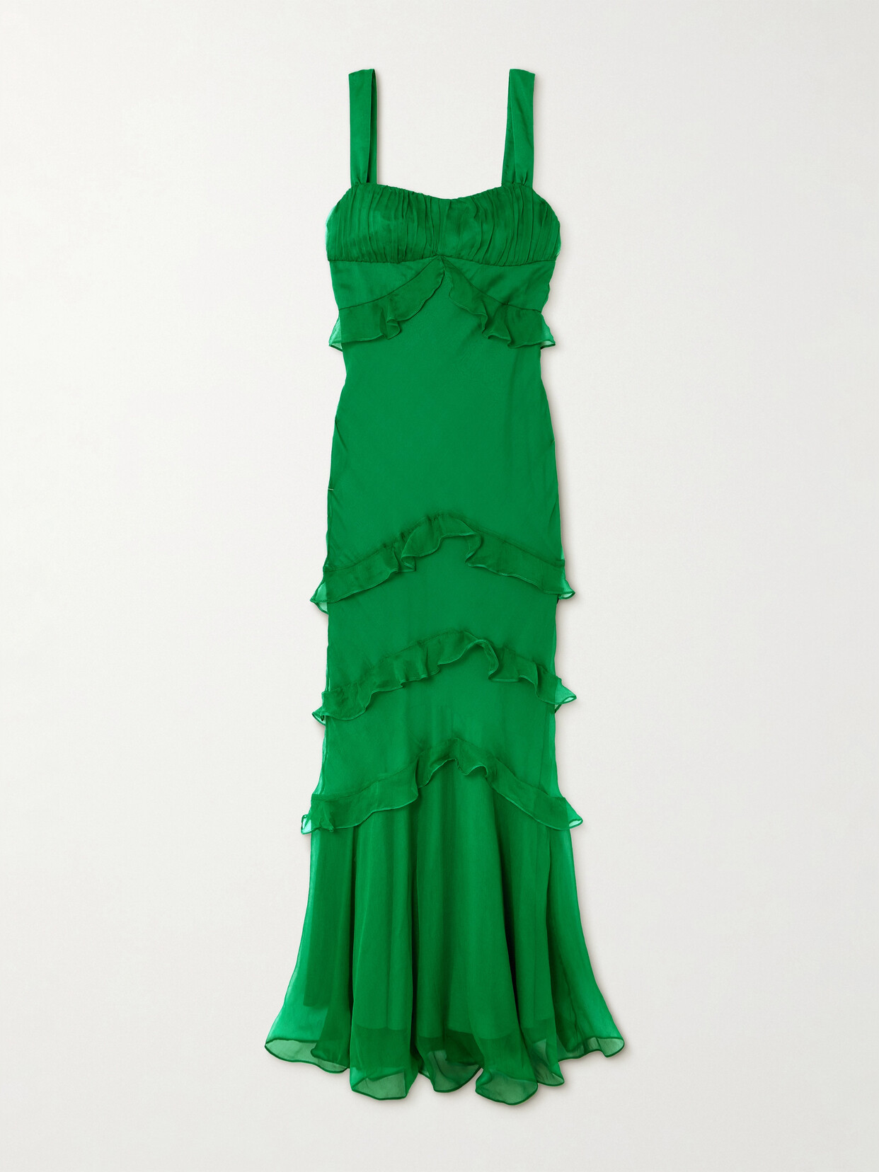 Shop Saloni Chandra Ruffled Plissé Silk-georgette Maxi Dress In Green