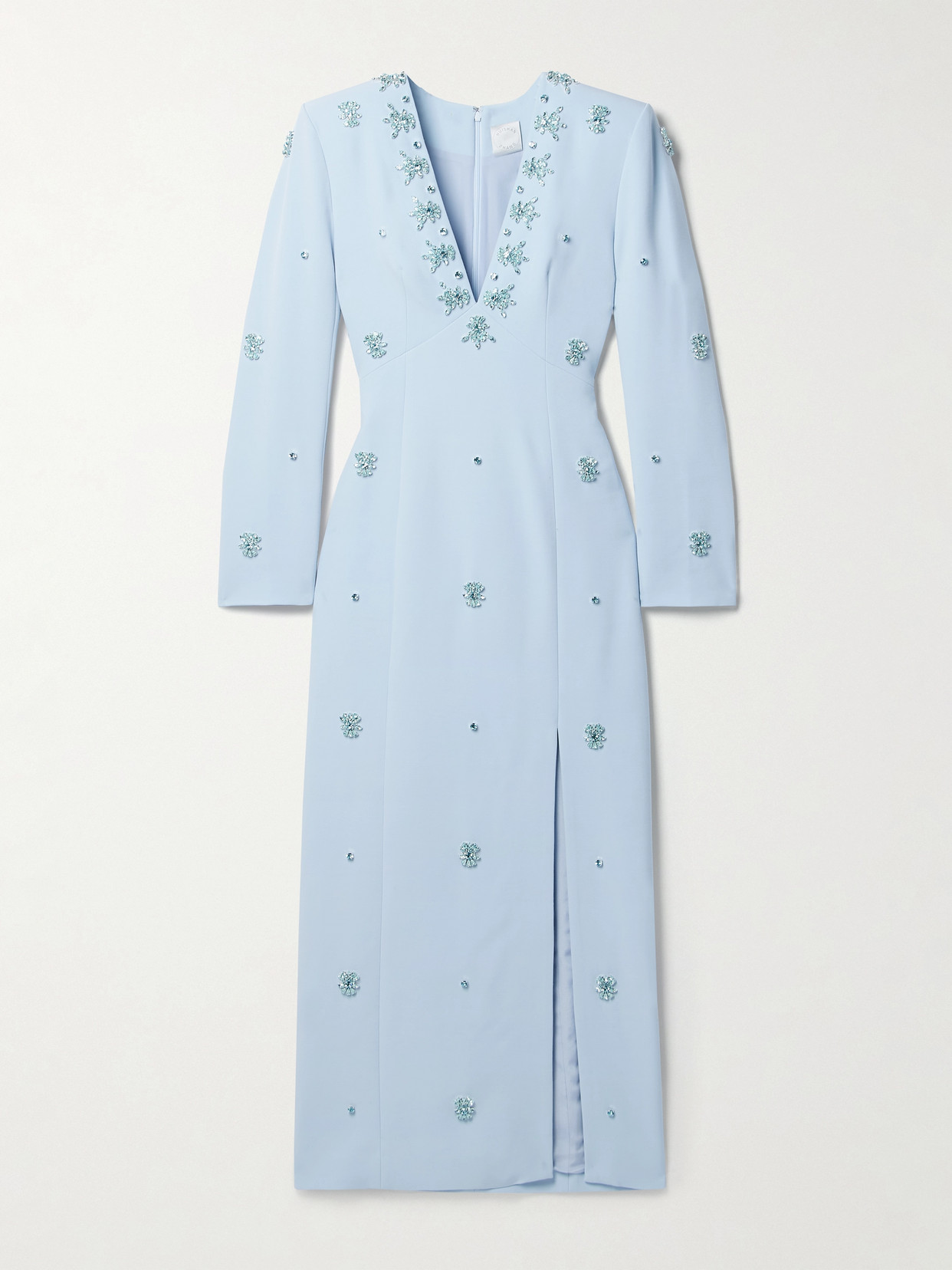 Huishan Zhang Aurore Plunging Crystal-embellished Long-sleeve Slit-hem Gown In Blue