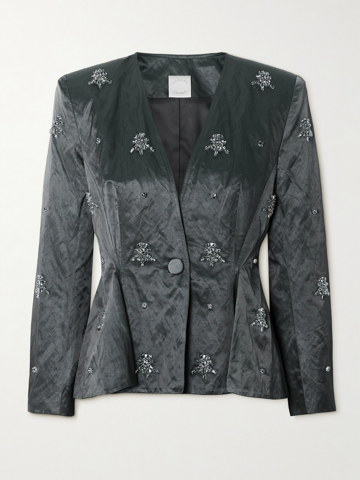 Huishan Zhang Antoine Crystal-embellished Crinkled Satin-twill Blazer In Gray