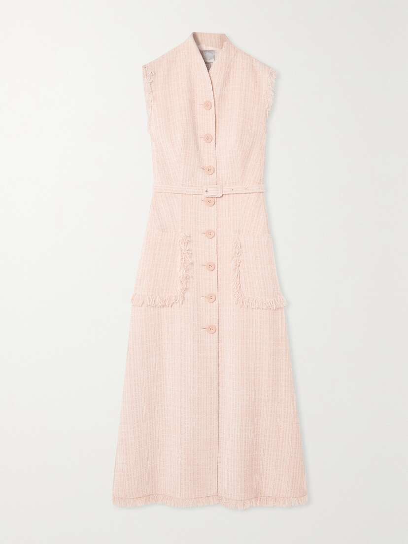 Huishan Zhang Felicity Belted Fringed Tweed Midi Dress